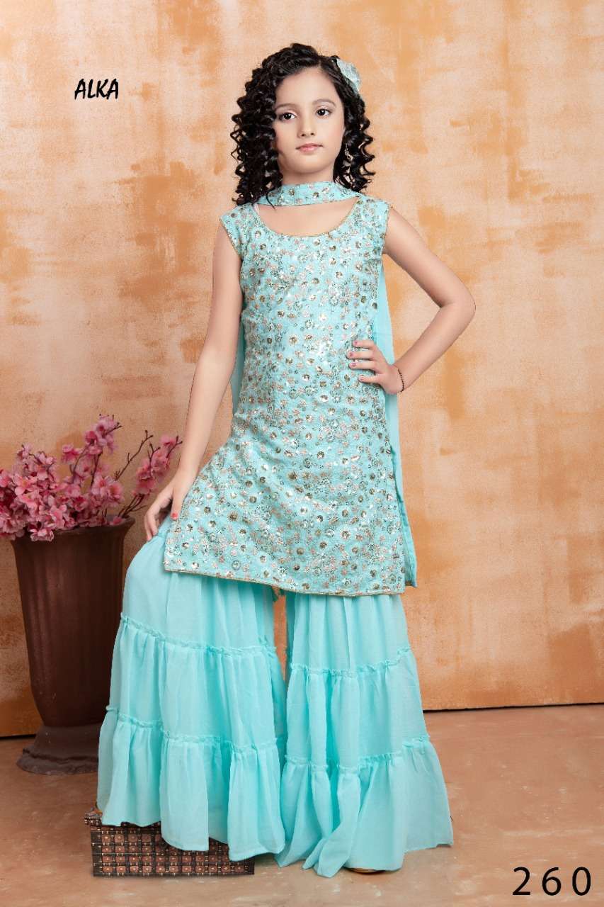alka vol 37 georgette kids wear readymade top with sharara & dupatta set