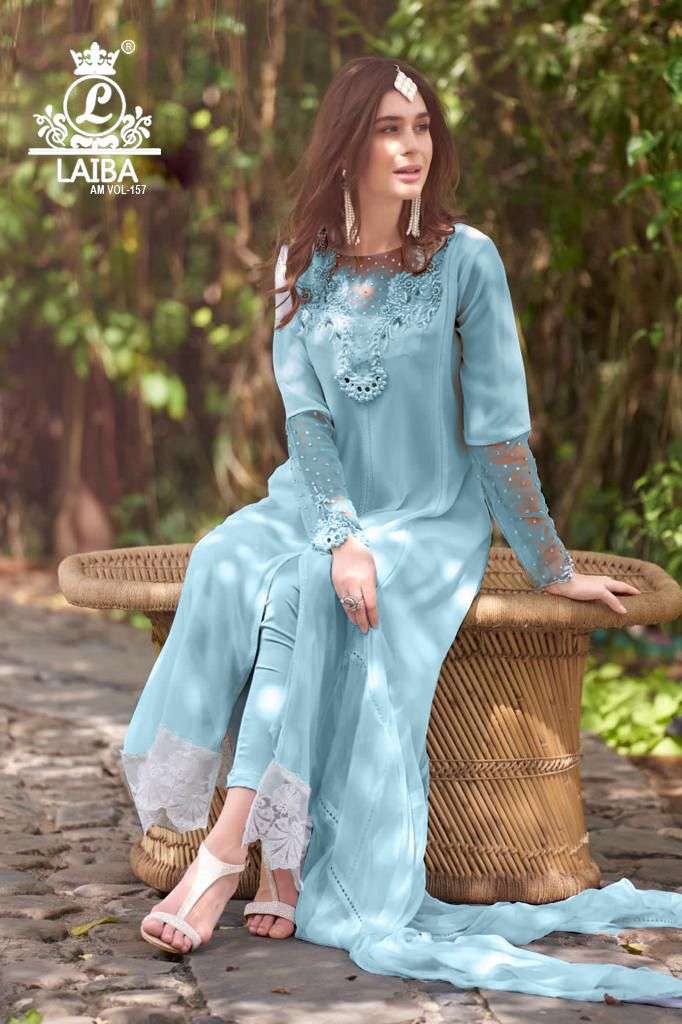 am vol 157 by laiba designer georgette pakistani 3 piece readymade suits