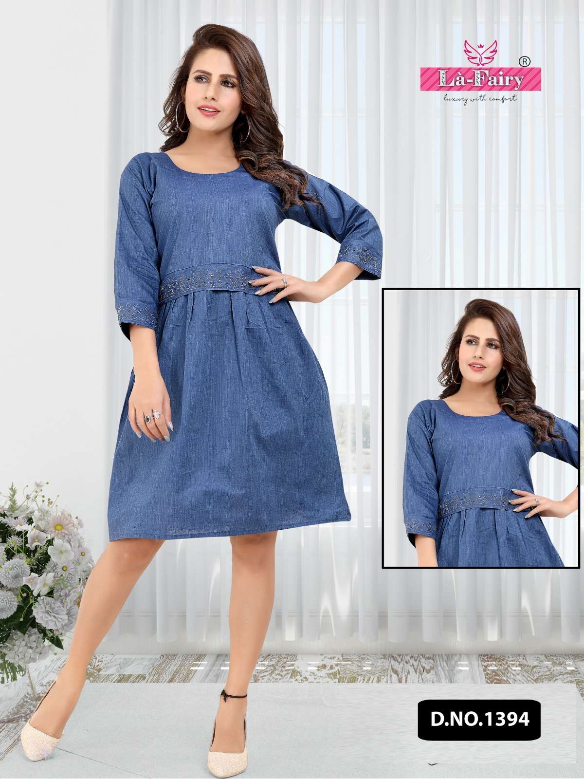 la fairy 1394 fancy denim tunics with belt daimond work combo set 