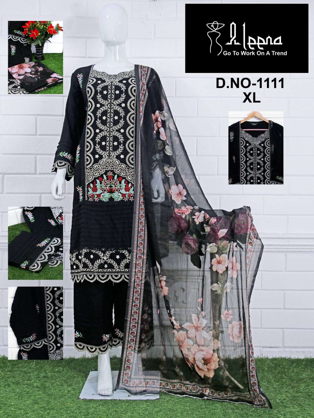 aleena 1111 amazing designer 3pcs set embroidery work kurti with plazo and digital chiffon dupatta 