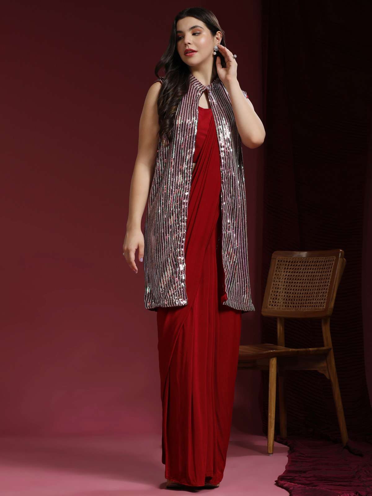 pr 10519 ready to wear fancy saree and blouse with sequin embroidery shrug
