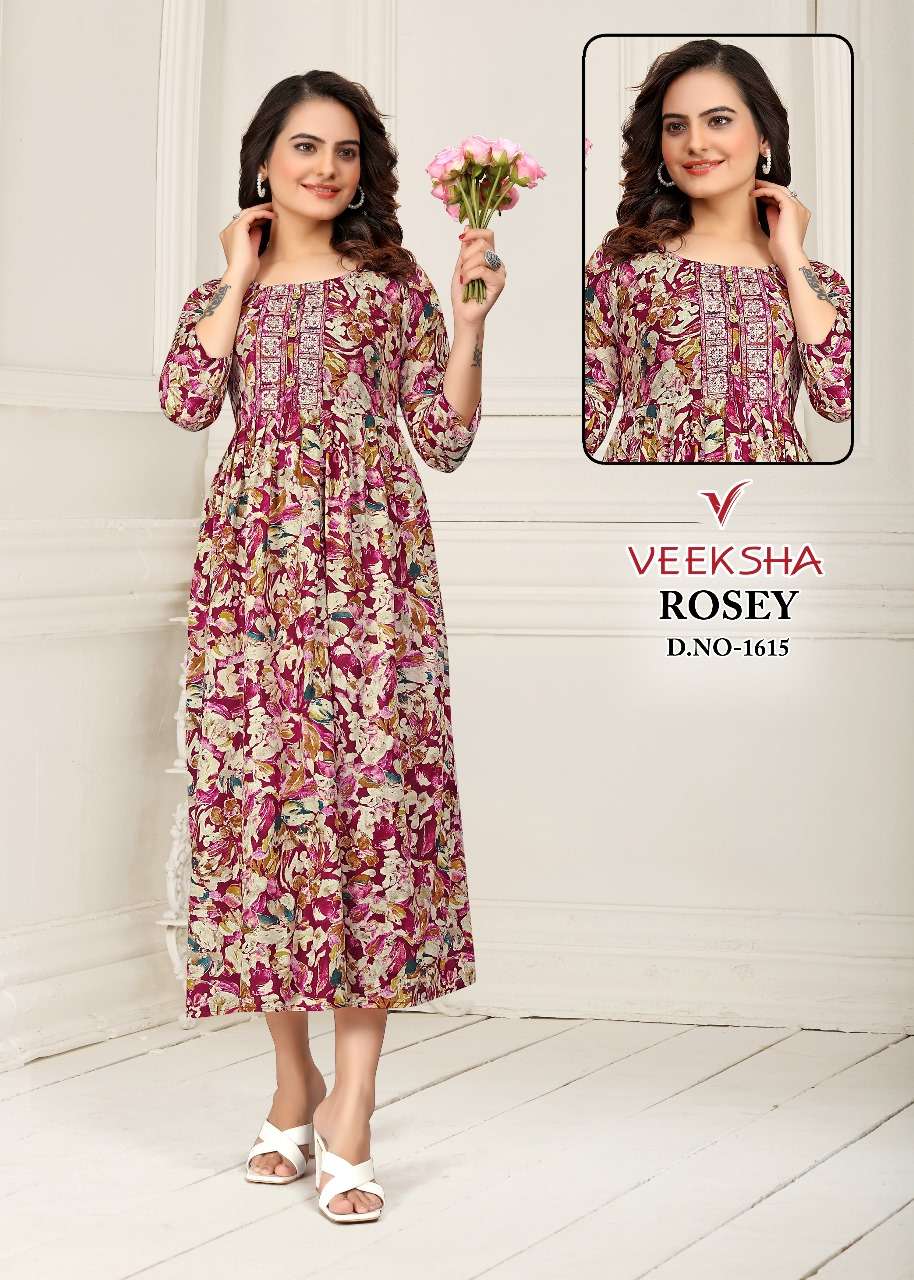 veeksha present rosey readymade nayra style flair rayon kurti combo set