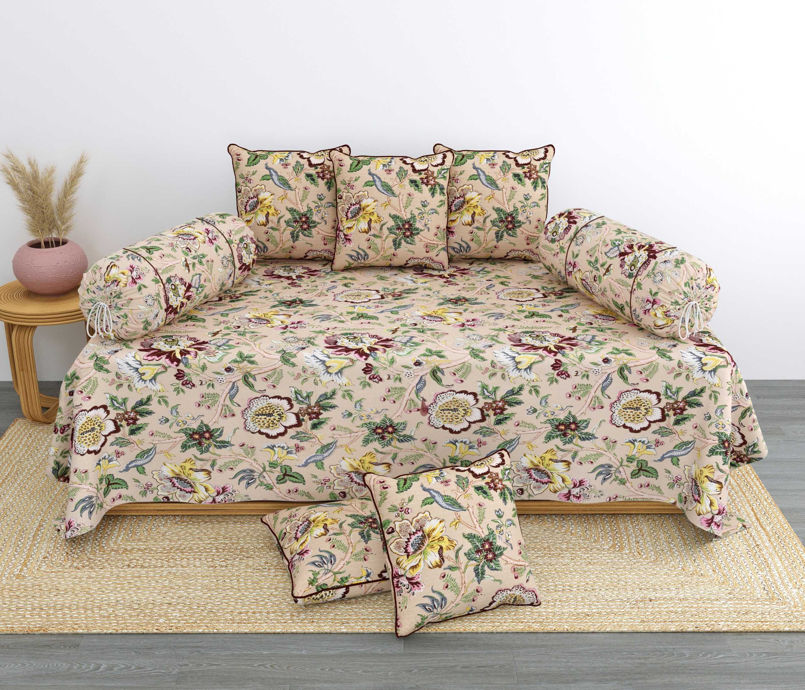 pr anokhi print diwan cotton one bedsheet with two bolster and five qulited cushion cover