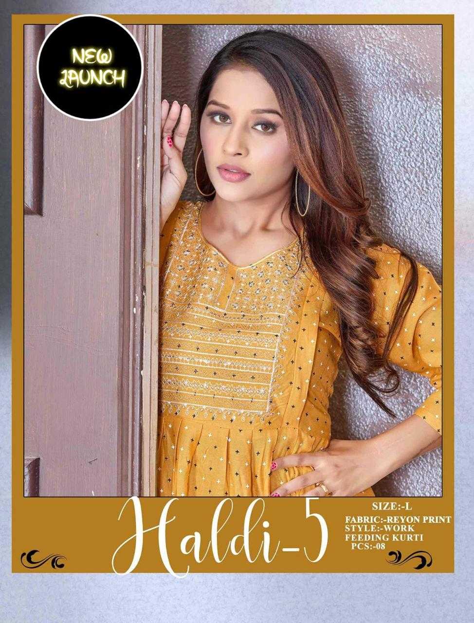 JLF HALDI VOL.5 RAYON PRINT FEEDING KURTI WITH EMBROIDERY SEQUENCE NACK WORK CATALOG WHOLESALER BEST RATE