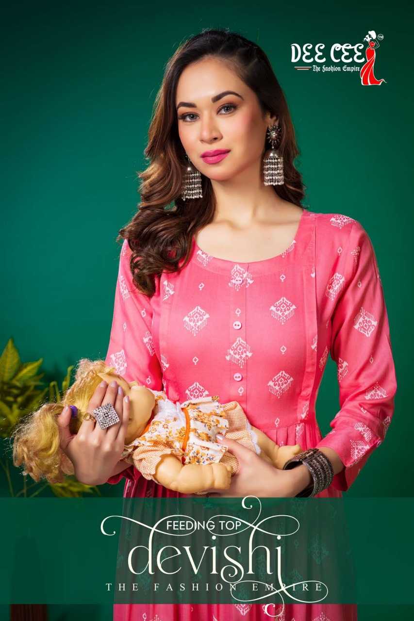 dee cee devishi readymade rayon flair long feeding kurti