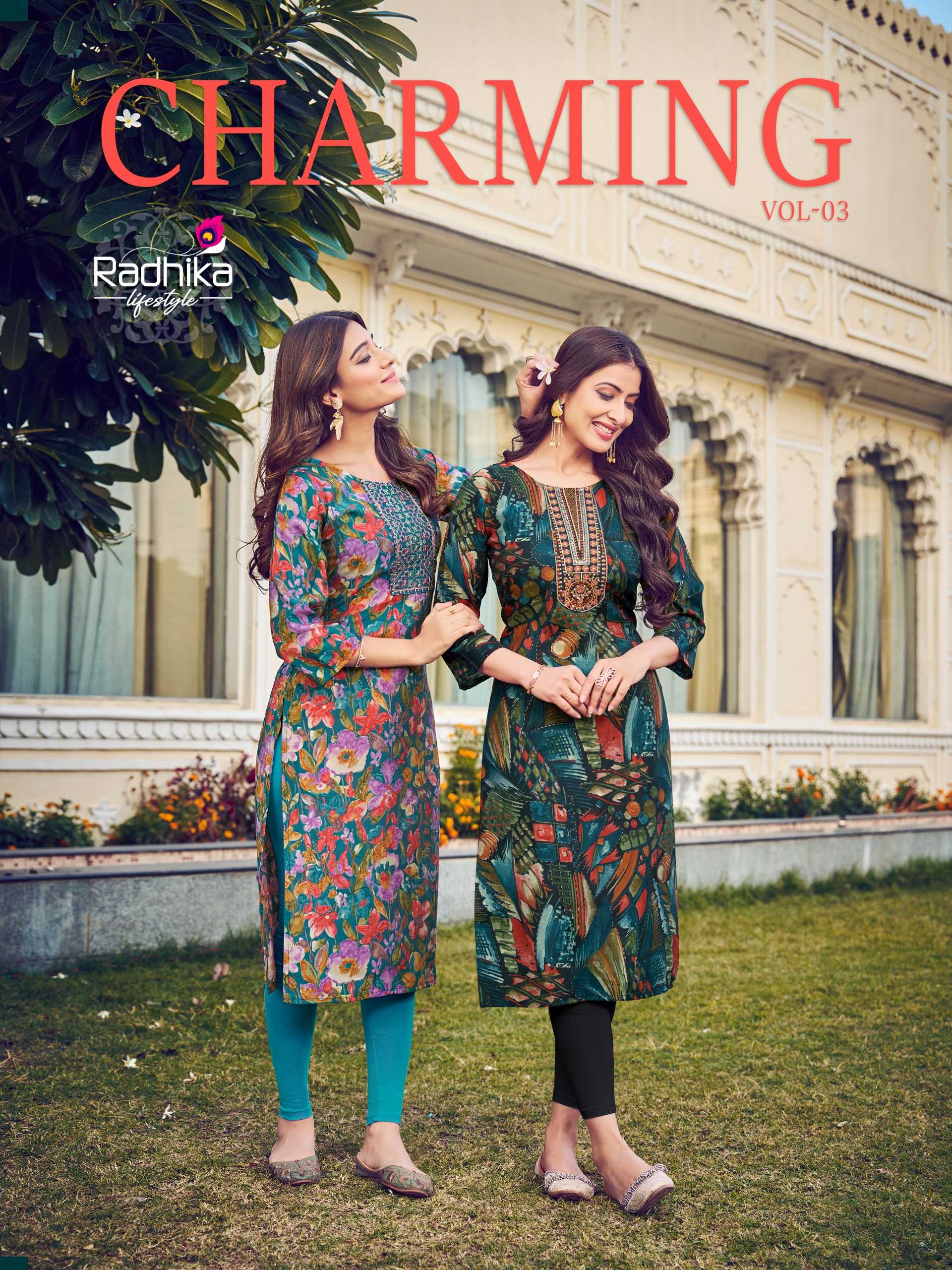 radhika lifestyle charming vol 3 readymade fancy mirror work ladies kurti pant 