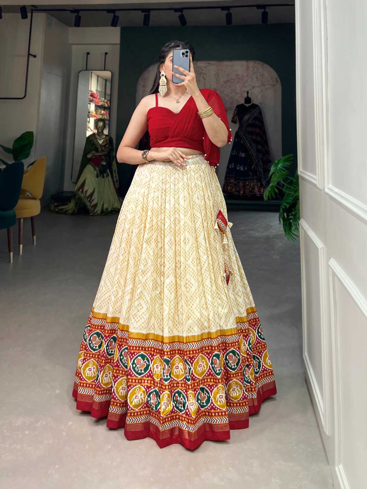 p r nnk1101wt latest stylish tussar silk bandhej and patola foil work lehenga & georgette blouse full stitch collection 