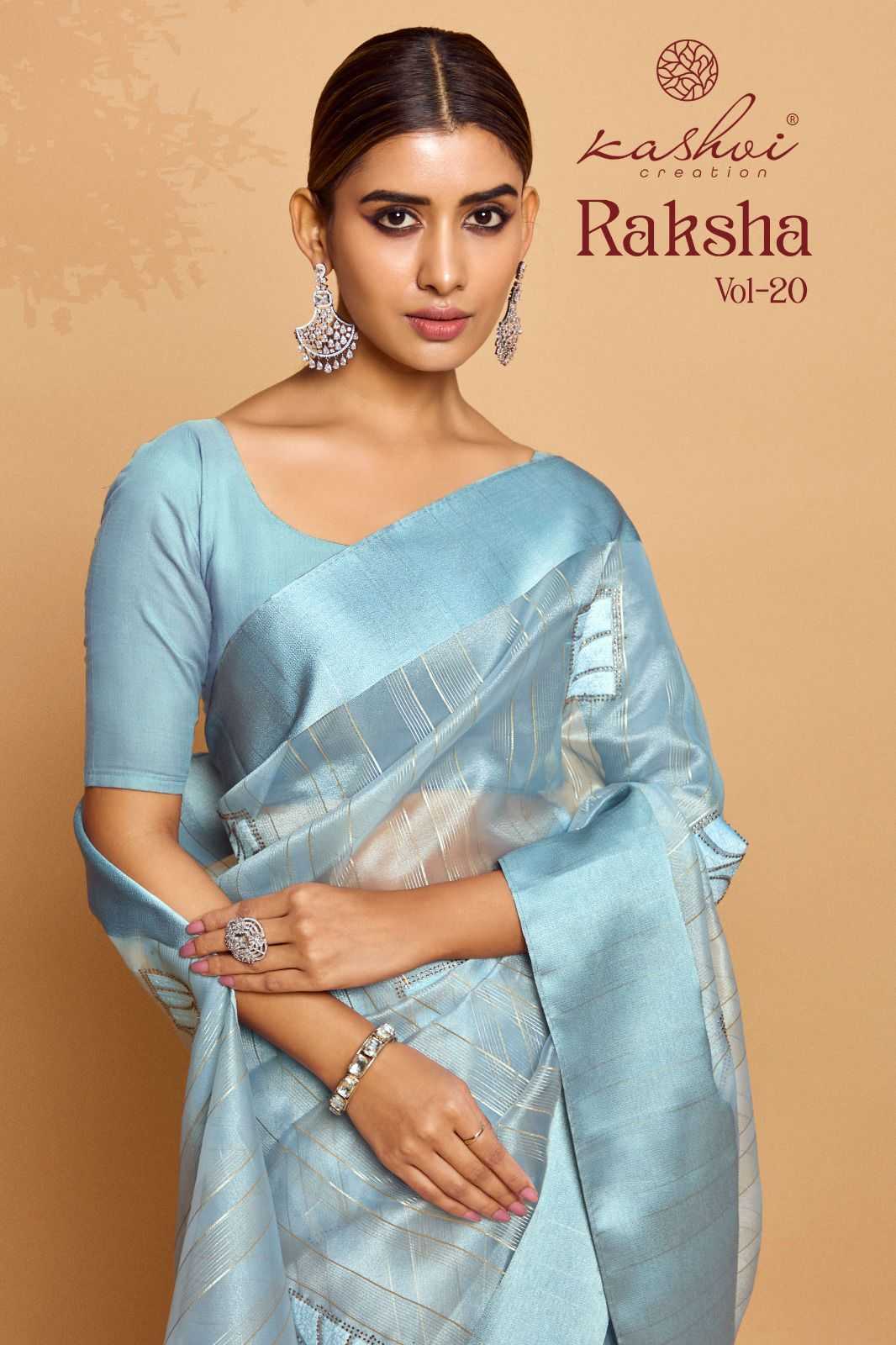 raksha vol 20 by kashvi creation new fashionable organza silk saree wholesaler