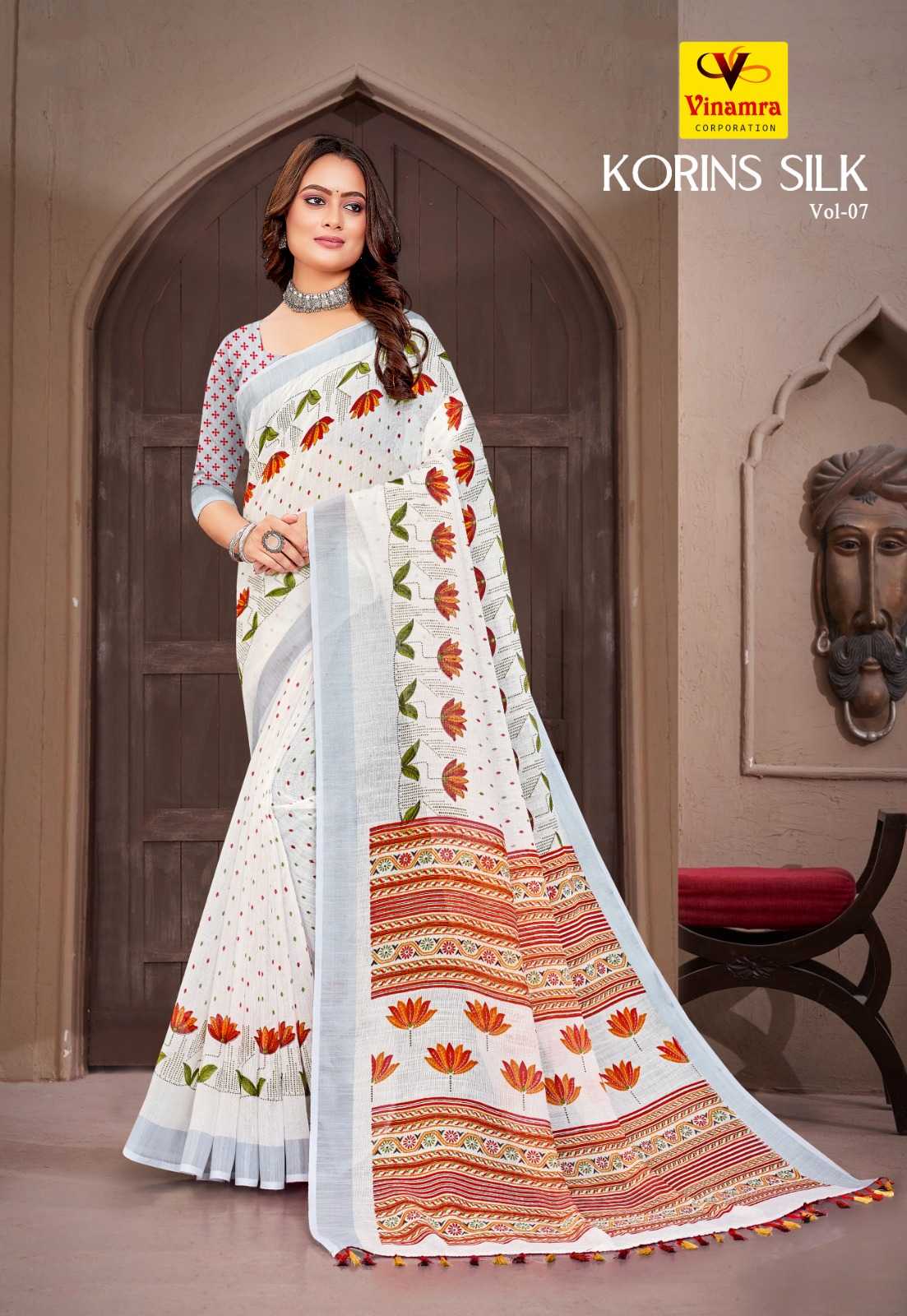 vinamra korins silk vol 06 latest simple design lilen patta saree wholesaler 