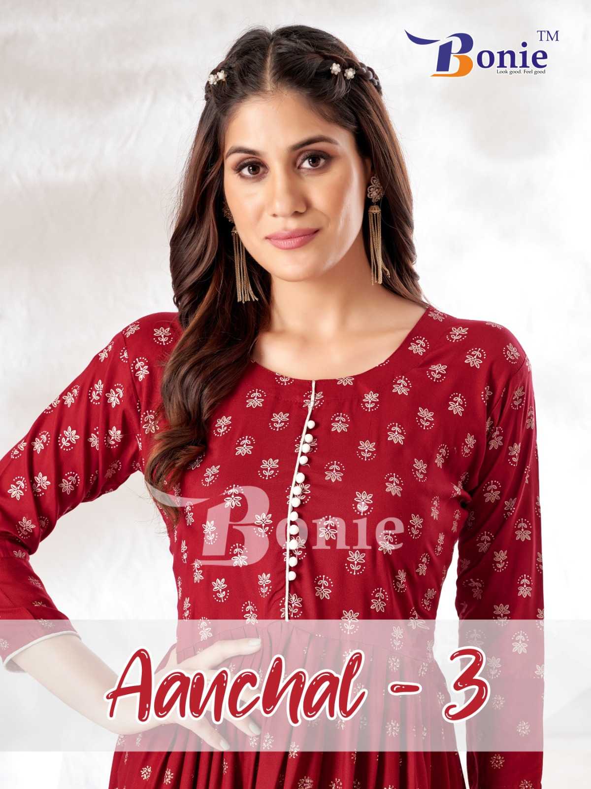 aanchal vol 3 by bonie rayon print stylish umbrella frock long ghera full stitch kurti wholesaler 