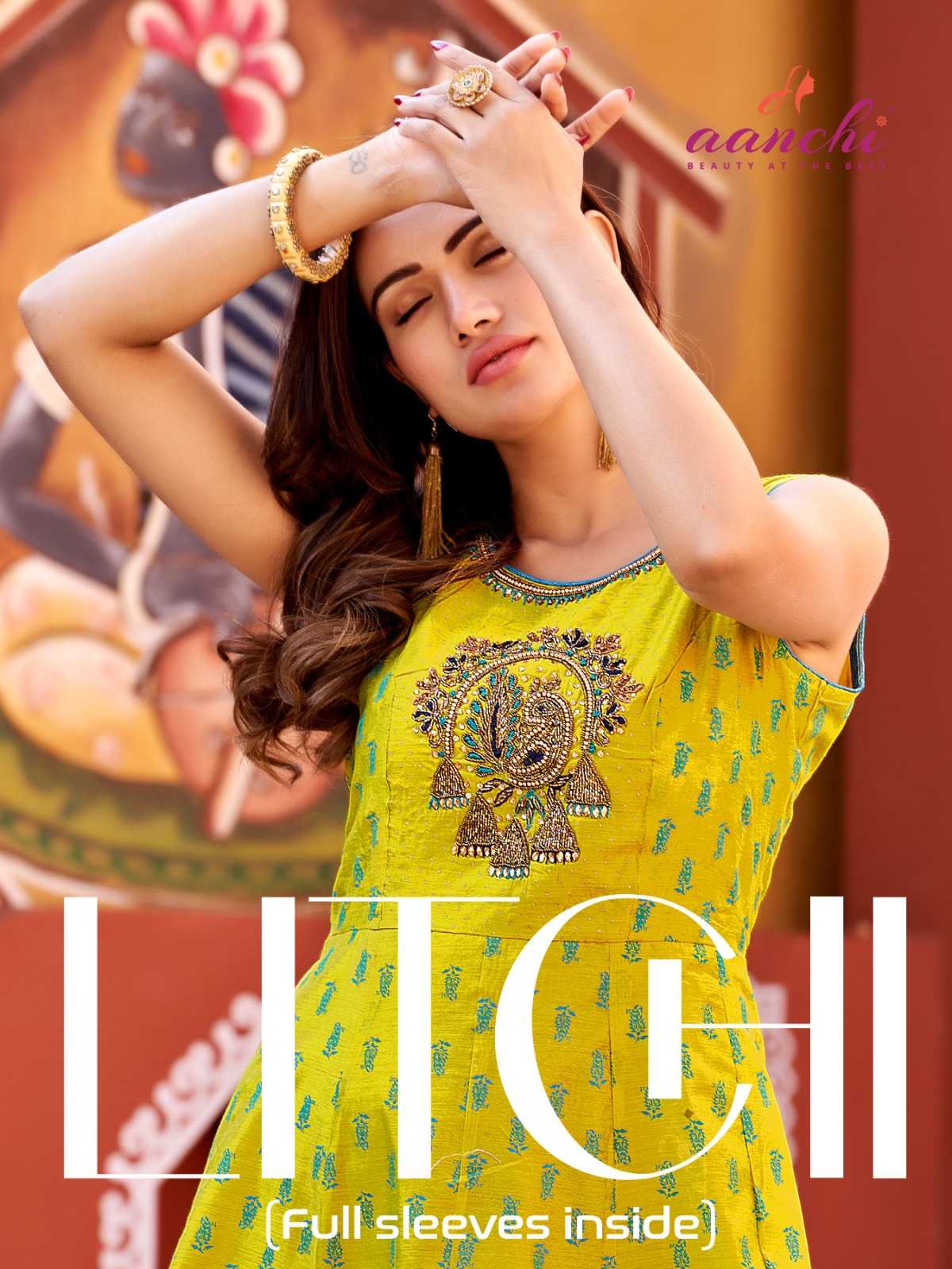 aanchi kurtis litchi fancy modal silk hit design with handwork full stitch long kurti exports