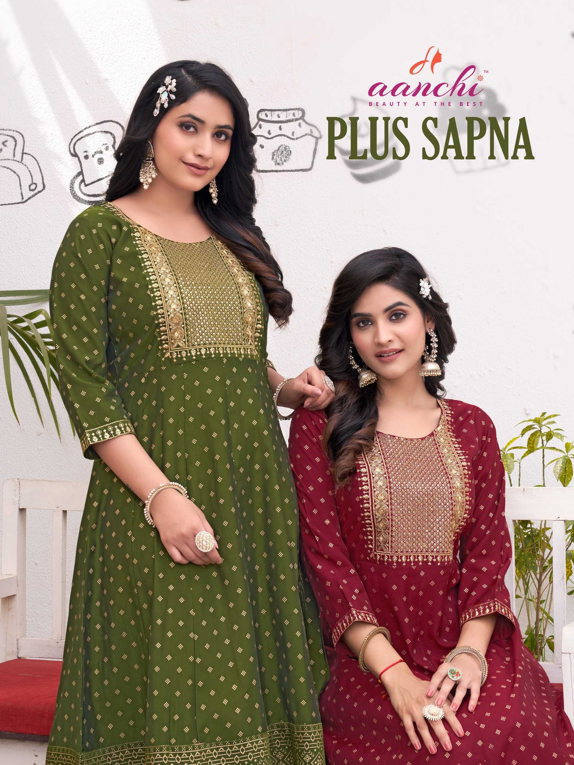 aanchi plus sapna new design silk full stitch big size frock style long kurti combo set 