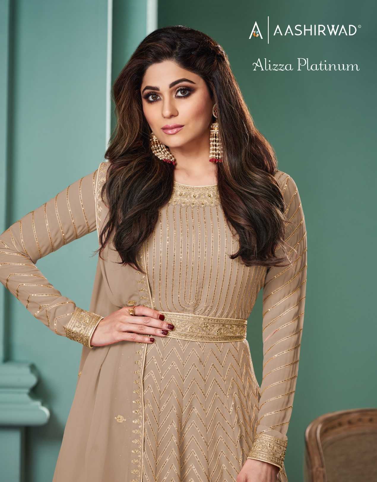 aashirwad creation alizza platinum occasion wear stylish georgette full stitch gown set  