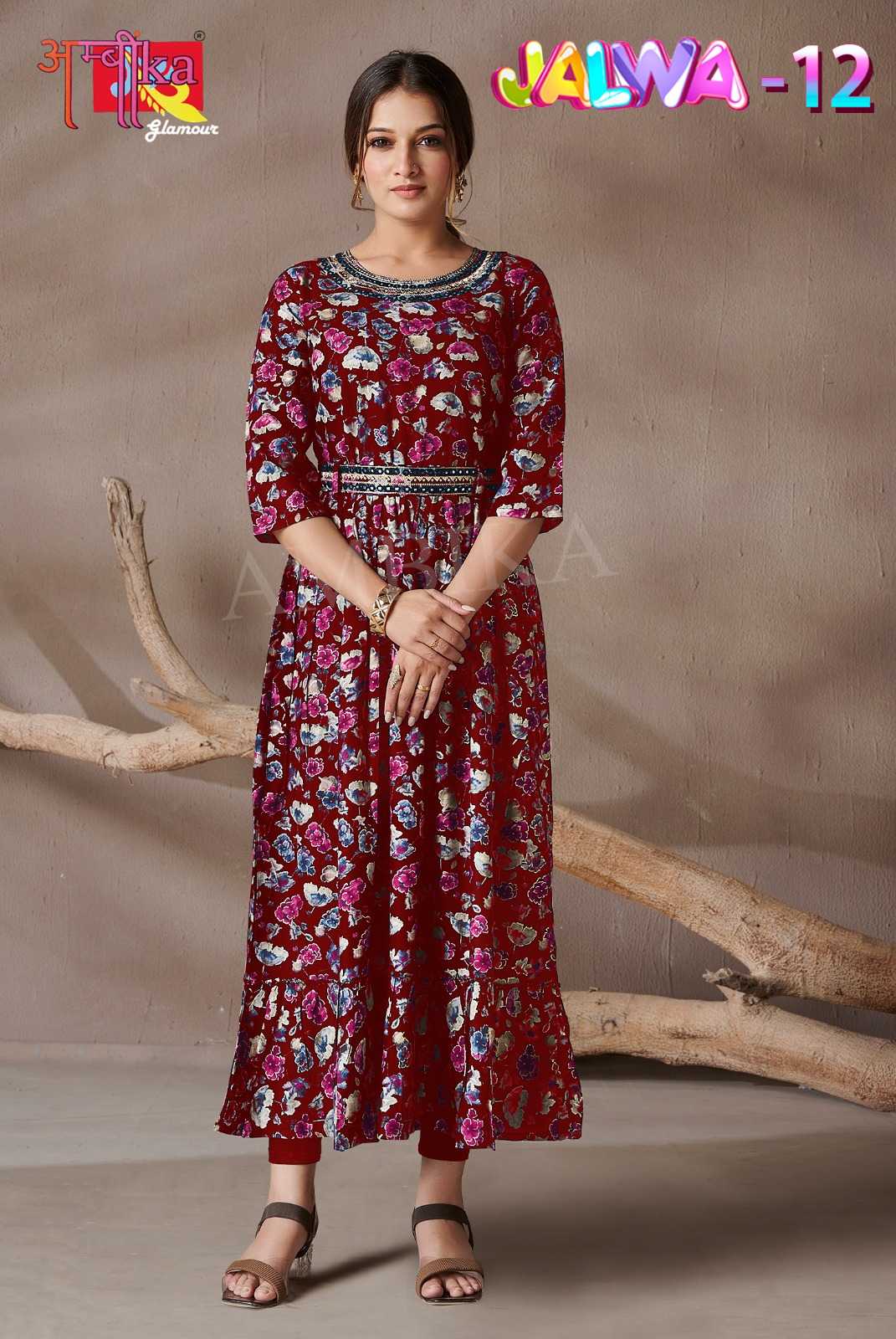 ambika kurtis jalwa vol 12 hi design  nayra full ghera with belt full stitch dress combo set supplier