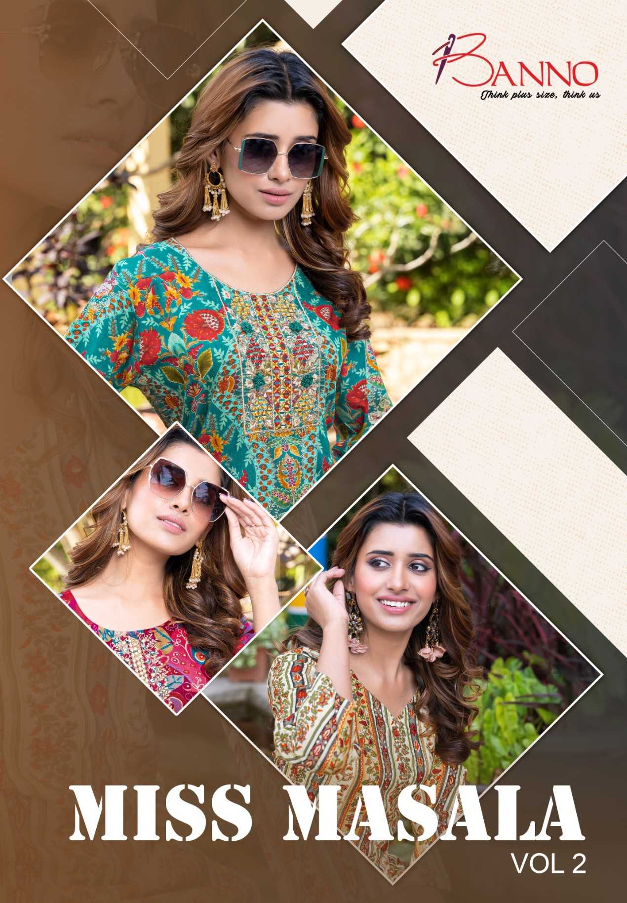  banno shruti presents miss masala vol 2 fancy daily use viscose thread & hand embroidered readymade kurti             