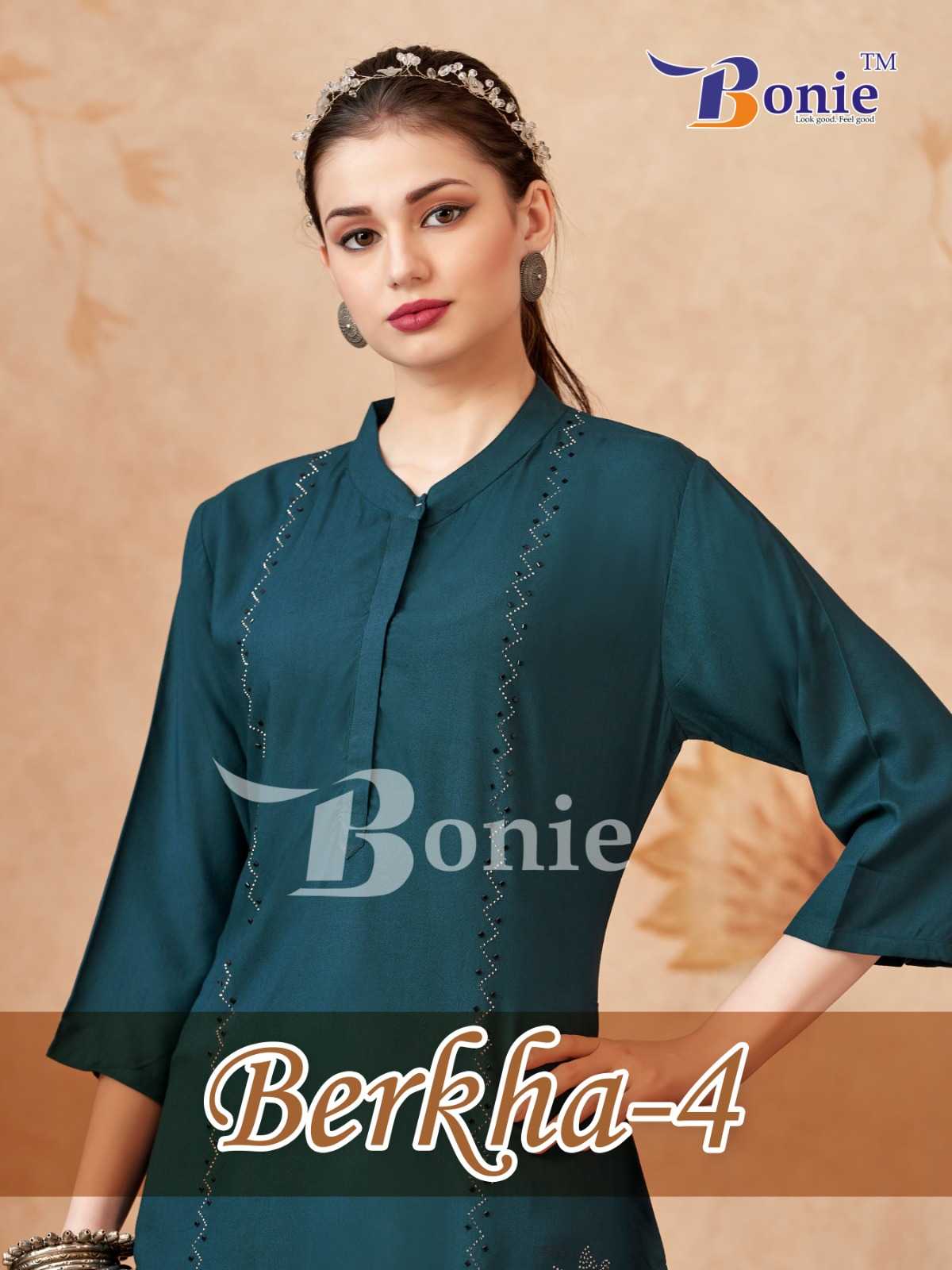 bonie berkha vol 5 full stitch amazing look unique style rayon stone work short top exports