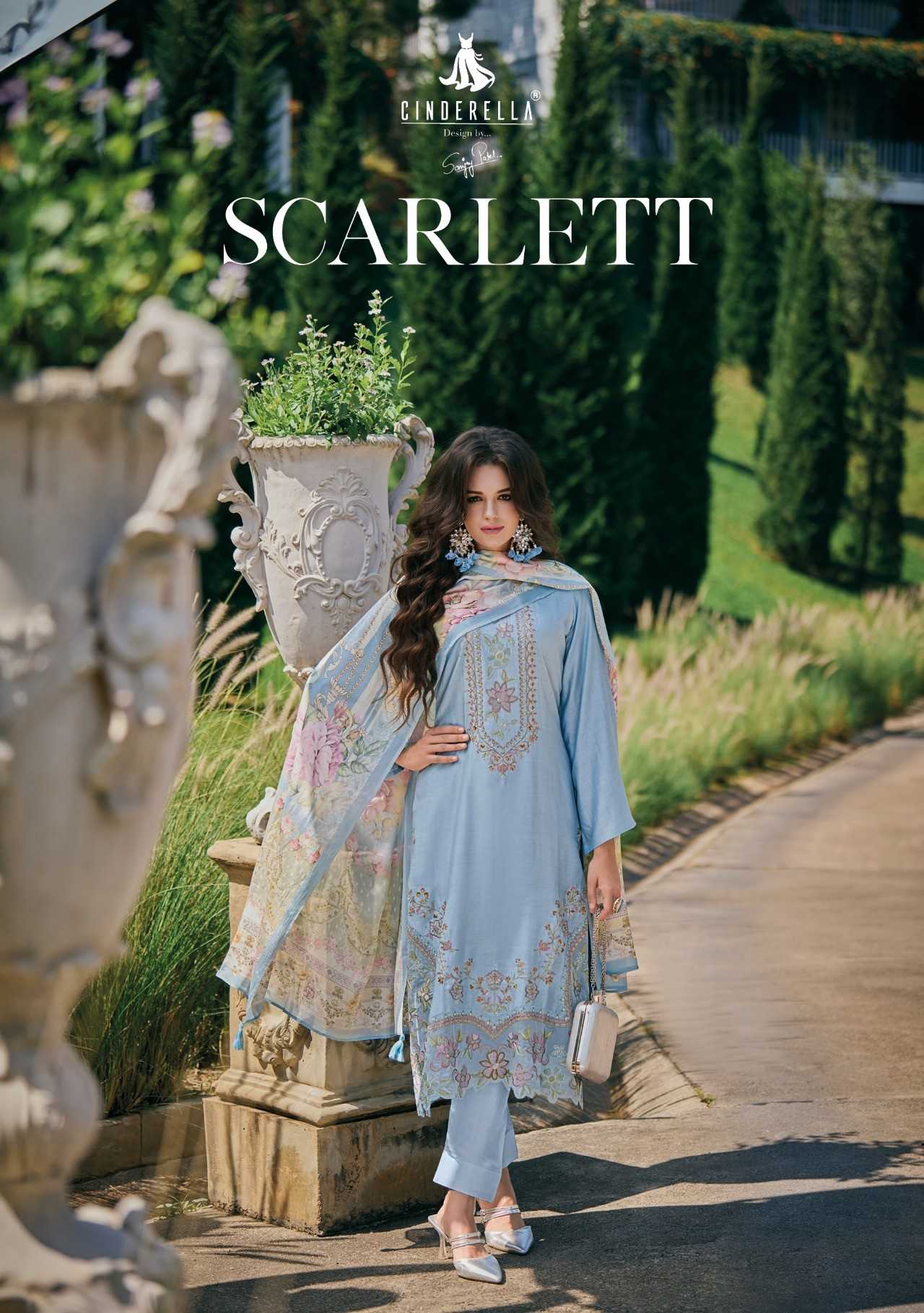 cinderella scarlett fancy fashionable look pure muslin salwar suit dress material