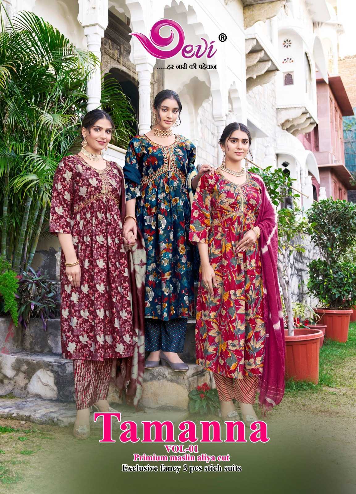 devi present tamanna aliya cut new launch pretty look musline with embroidery work 3 pcs readymade salwar suit