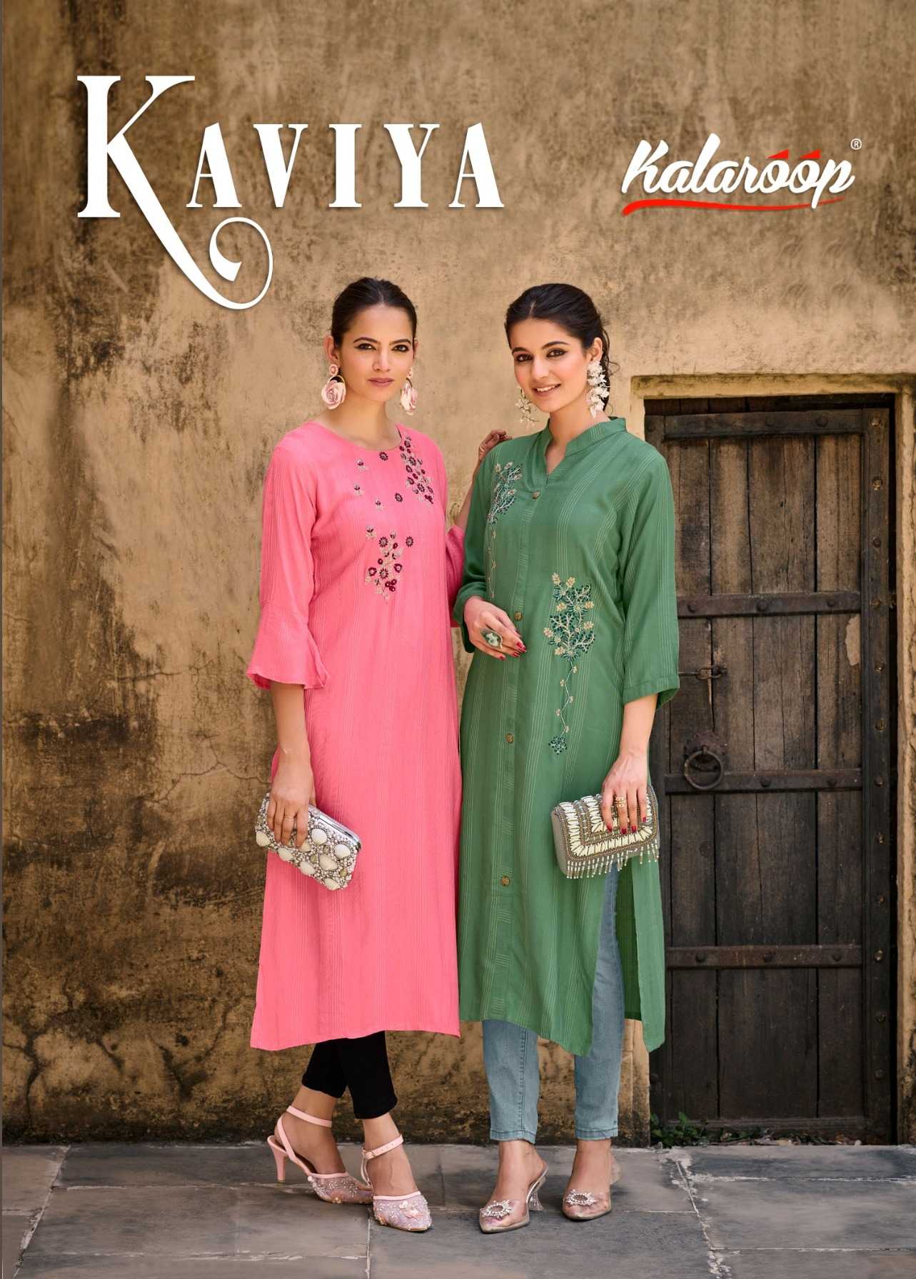 kaviya by kalaroop fancy weaving fabrics with embroidery & stone work full stitched long kurtis
