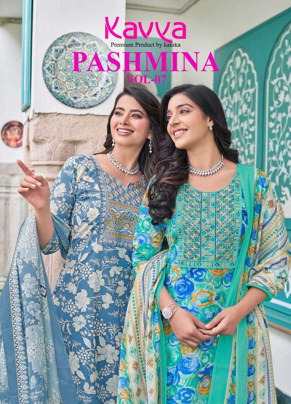 pashmina vol 7 by kavya stylish cotton lining embroidery neck full stitch salwar suit  