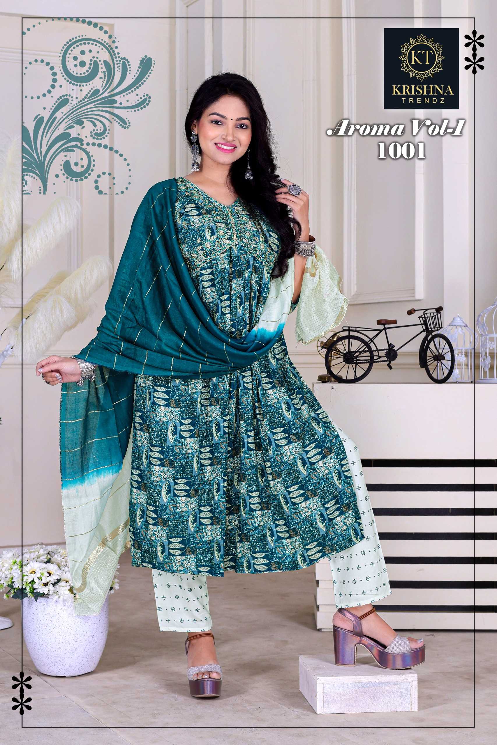 krishna trendz aroma vol 1 fully stitch rayon latest fancy aaliya cut salwar kameez 