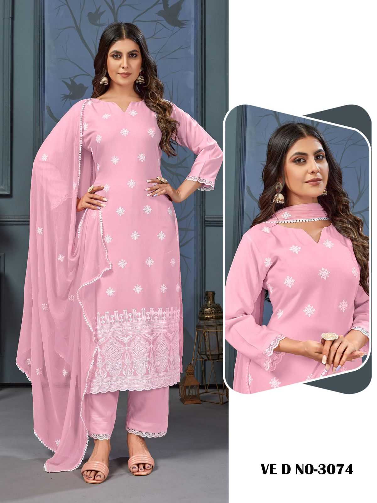 ladies flavour 3073 - 3076 pretty look rayon full stitch top pant with dupatta exports