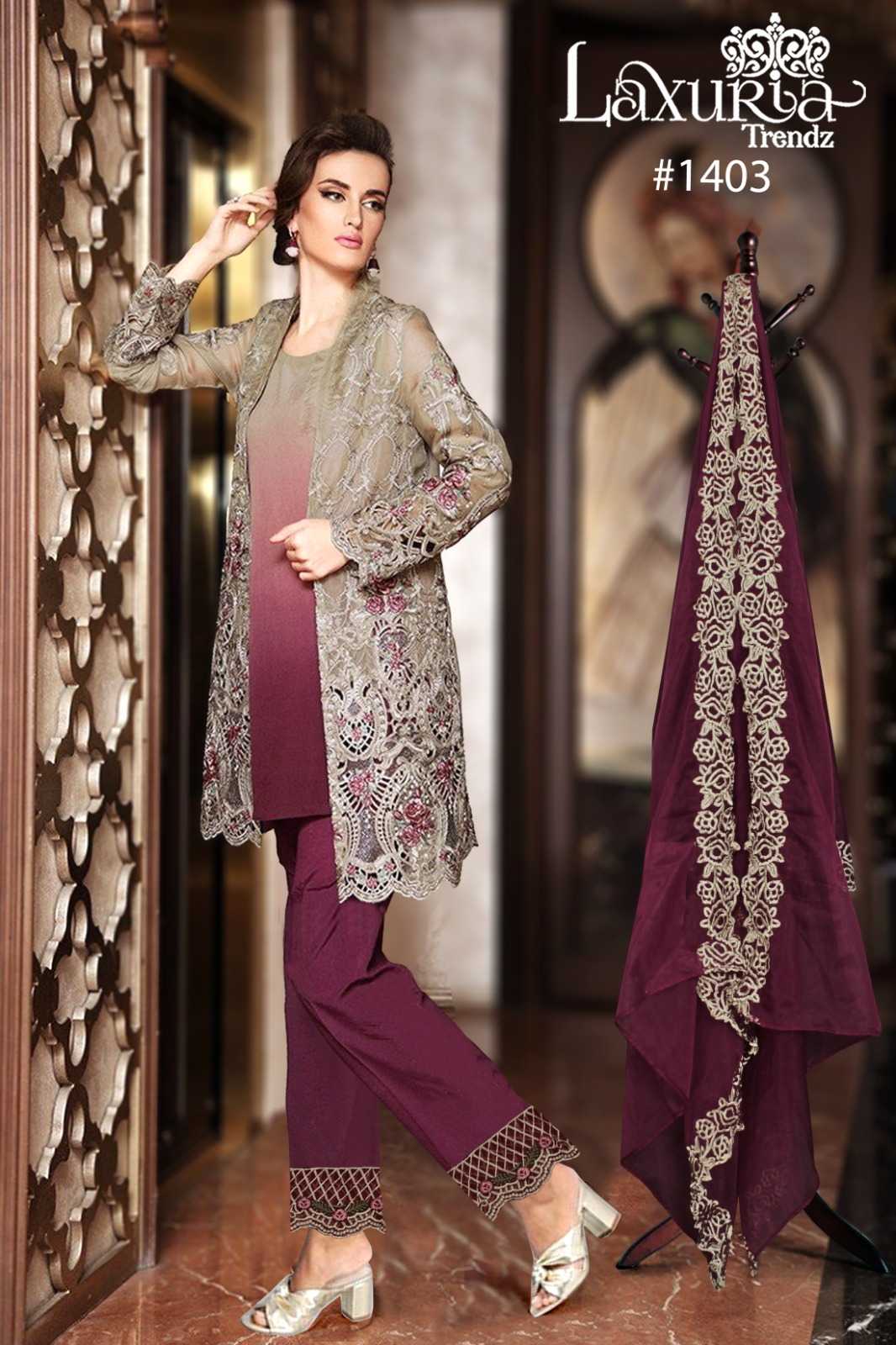 laxuria trendz 1403 latest style classic tunic georgette with embroidery work full stitch indo western dress