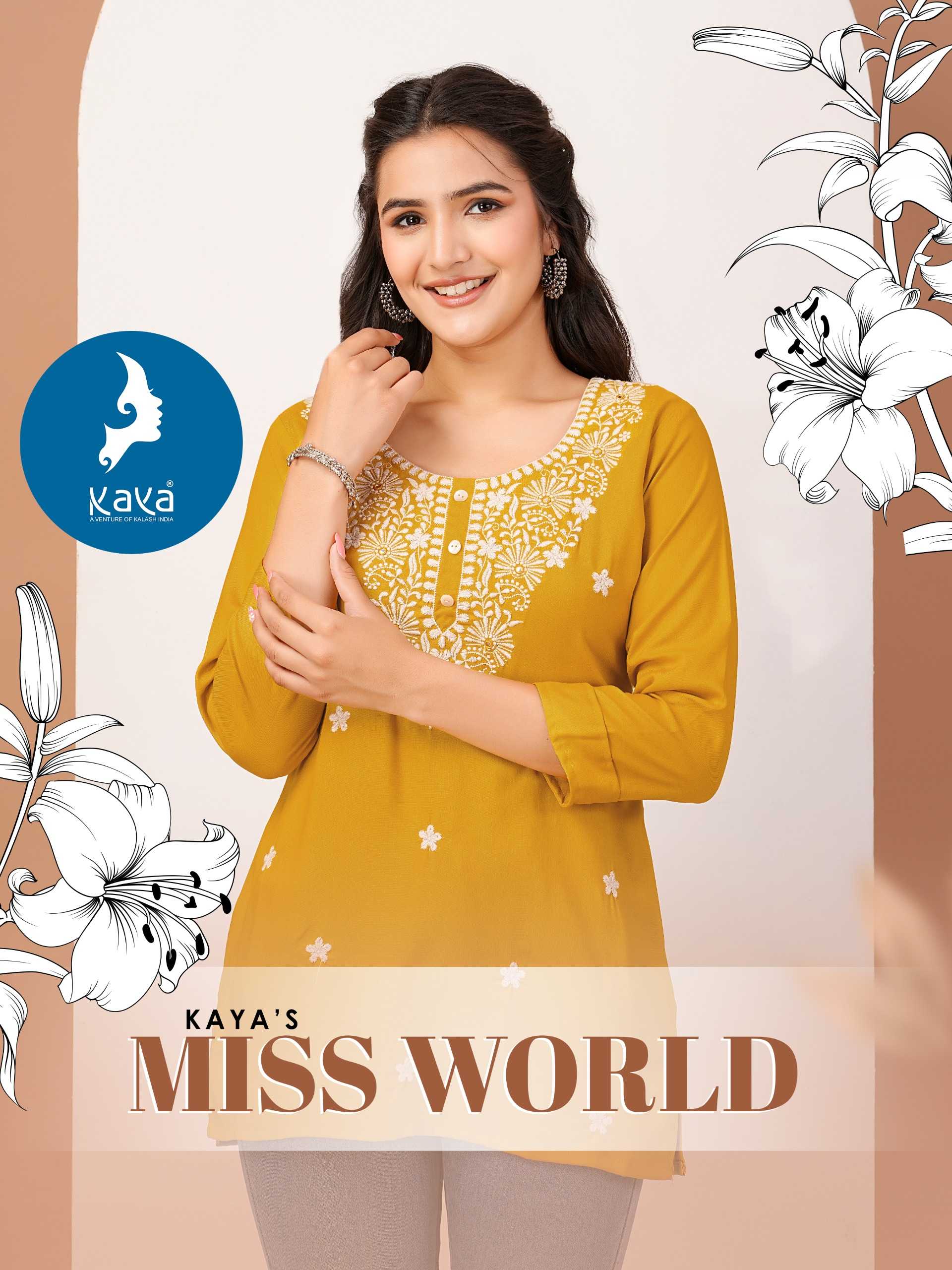 miss world by kaya latest fancy daily use rayon fully stitch short kurti collection
