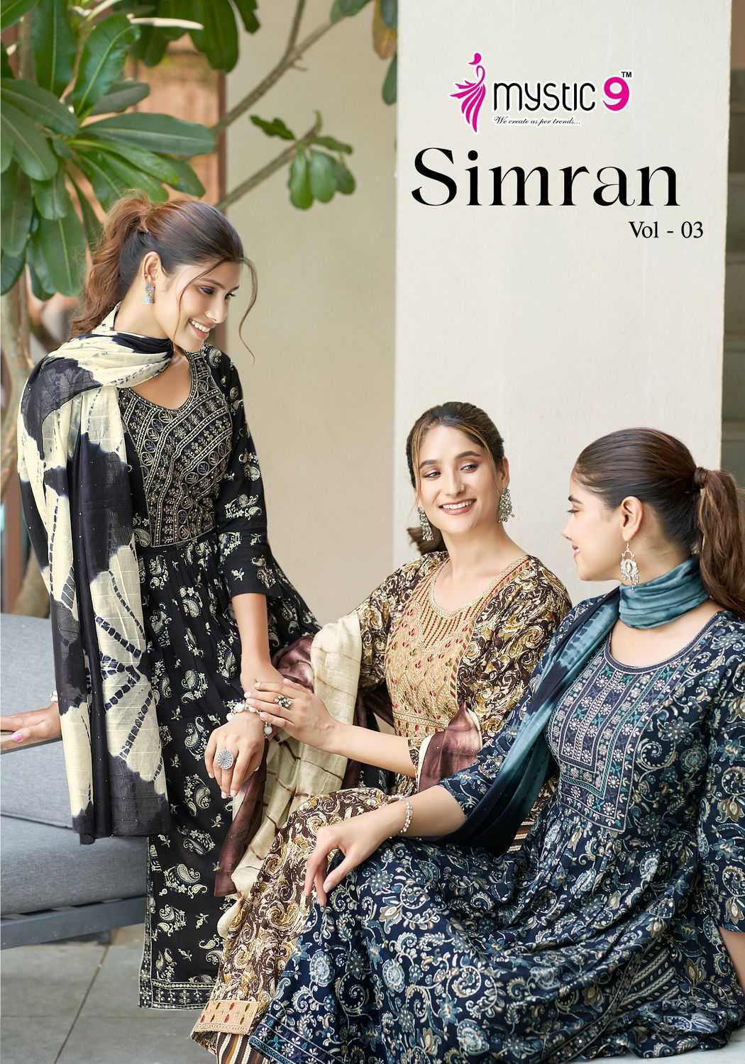 simran vol 3 by mystic9 readymade nyra cut style embroidery work big size top pant with dupatta 