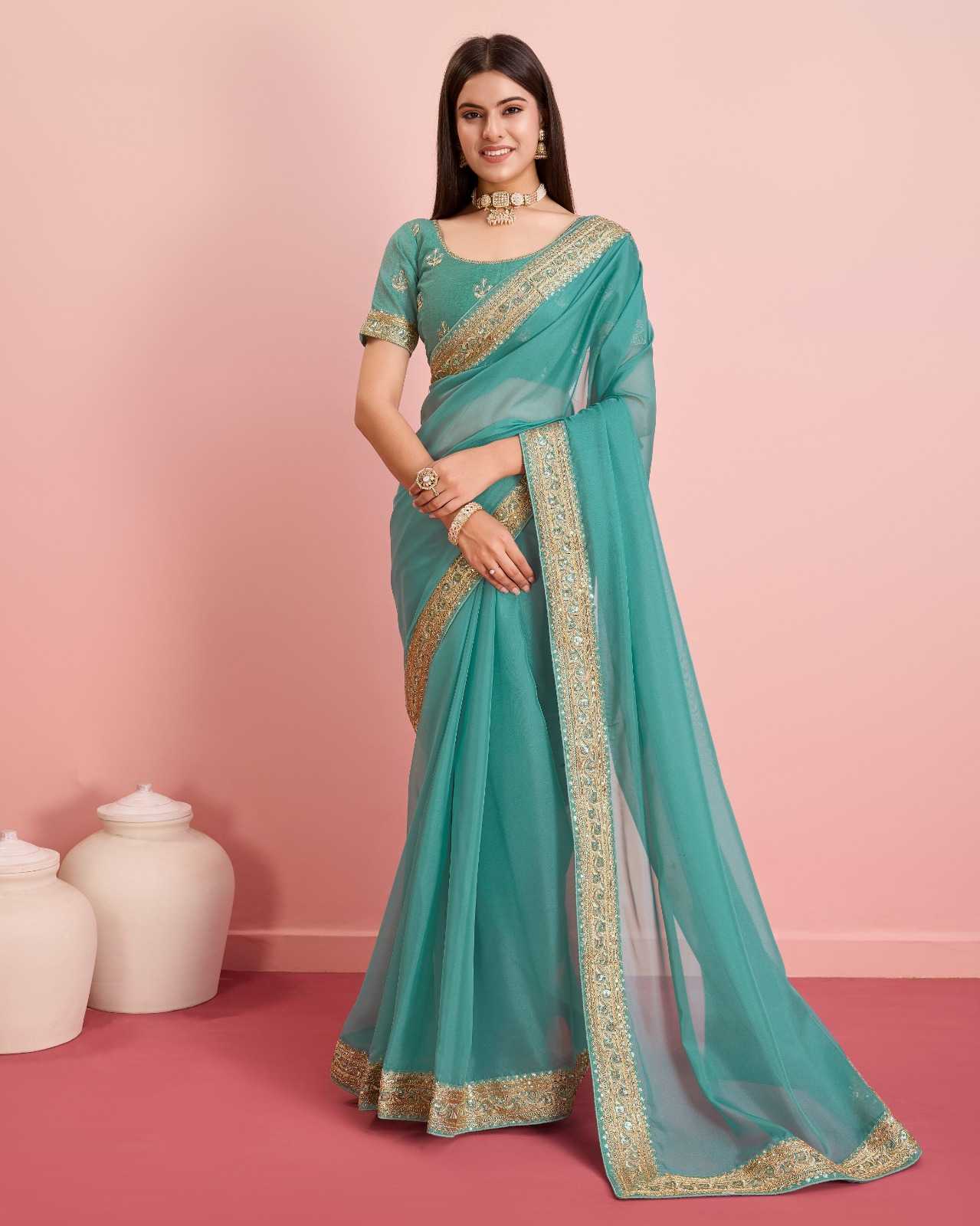 pr drashti launch fashionable design soft organza fancy saree exports