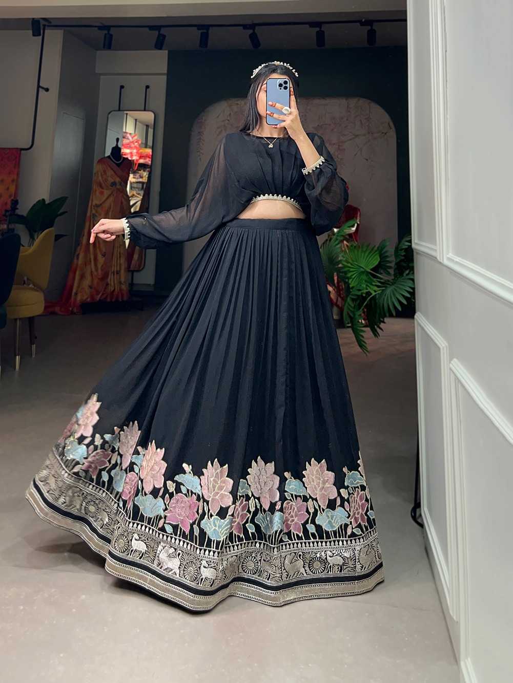 pr nnk1117blk georgette full stitch lehenga with stitch top classy look collection