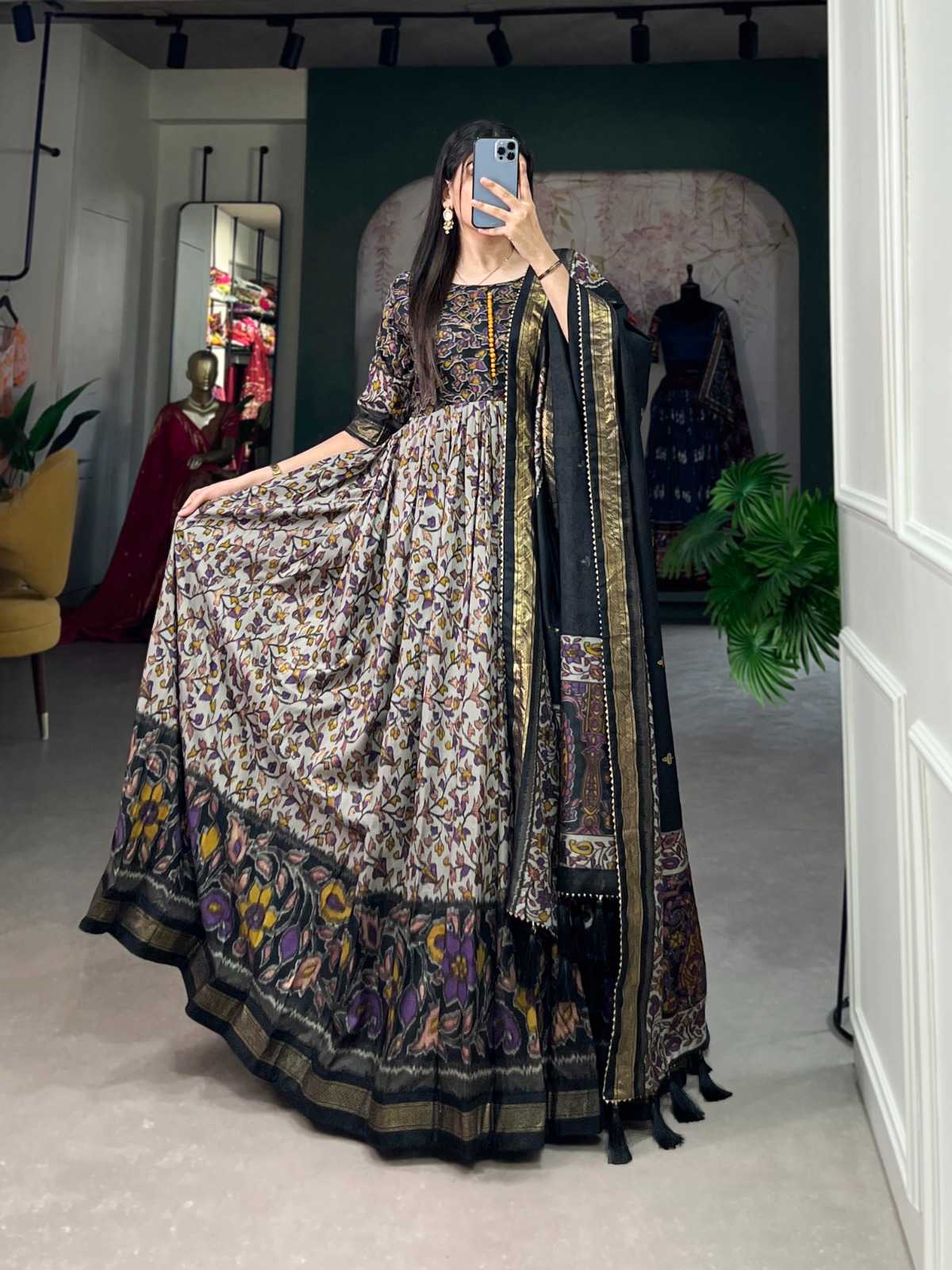 pr ynf5036 pretty look tussar silk full stitch long gown with dupatta set exports
