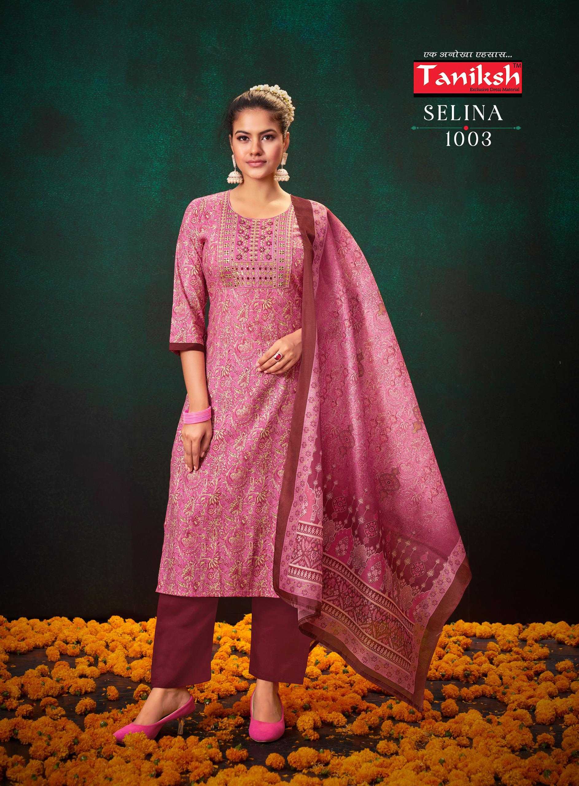 selina vol 1 by taniksh full stitch new trendy design muslin print big size top pant with dupatta