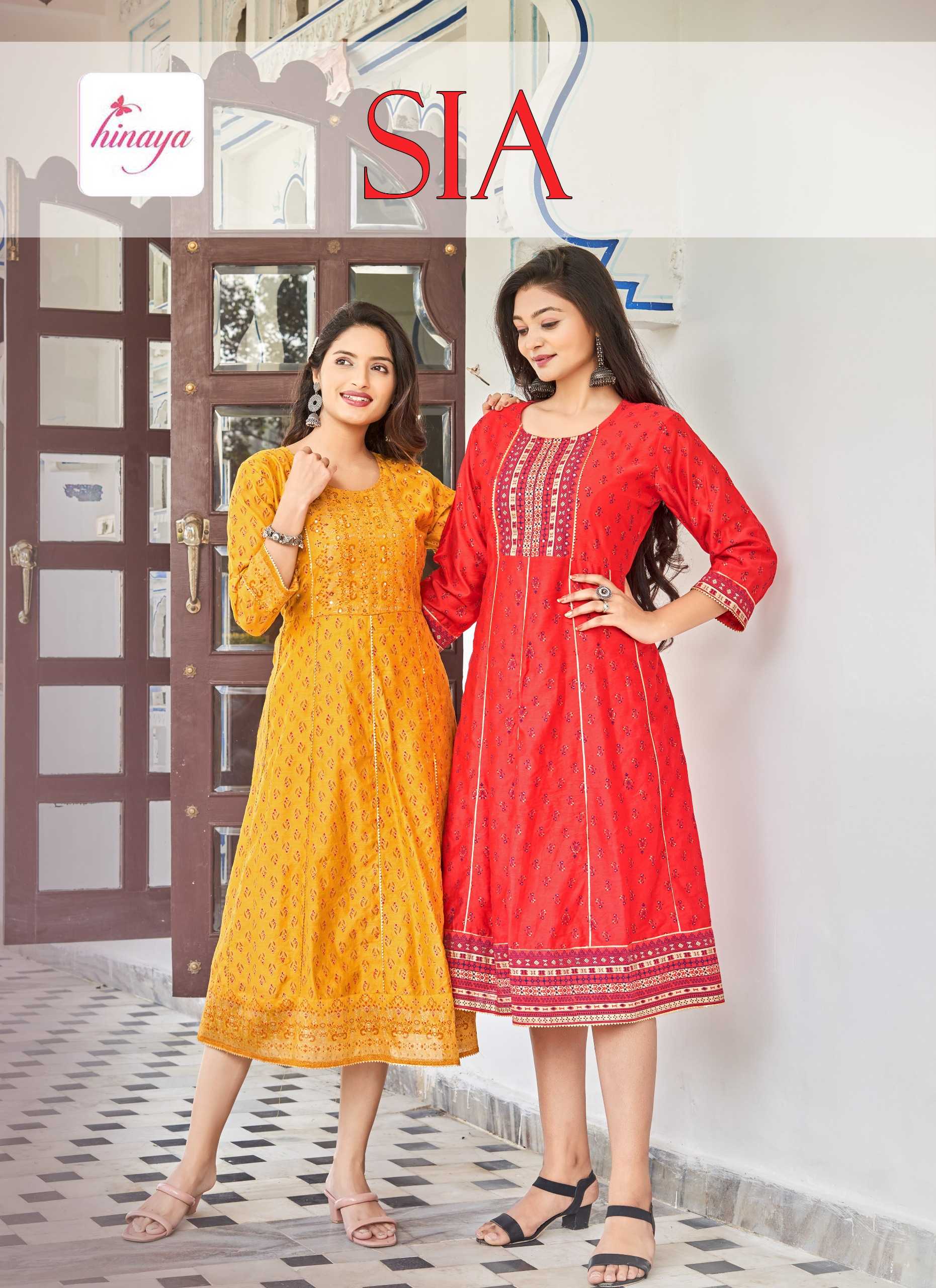 sia by hinaya new trendy long chanderi silk full stitch flaired kurtis in kalli pattern 