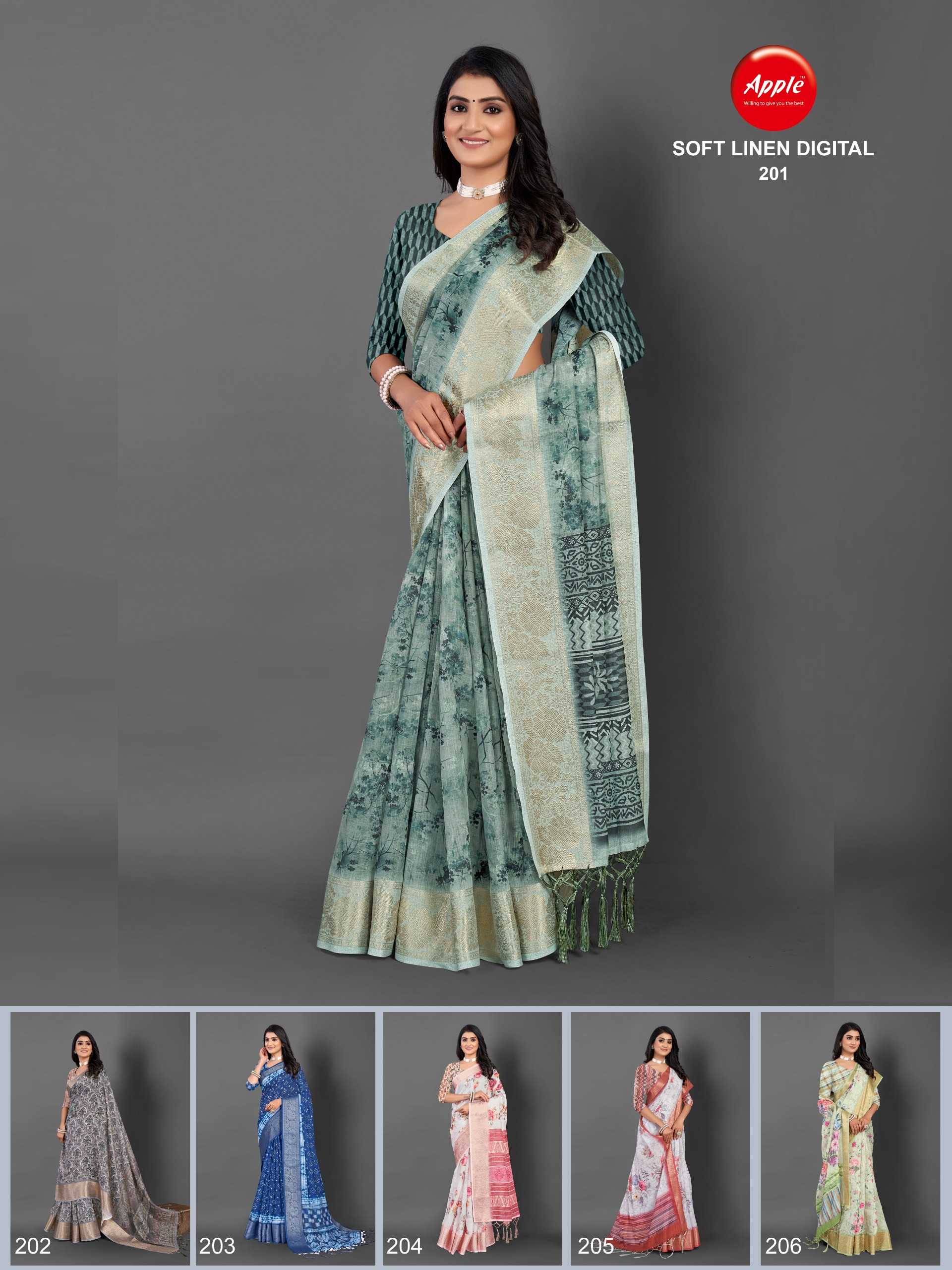 apple presents soft linen digital vol 2 201-206 new design fancy sarees wholesaler