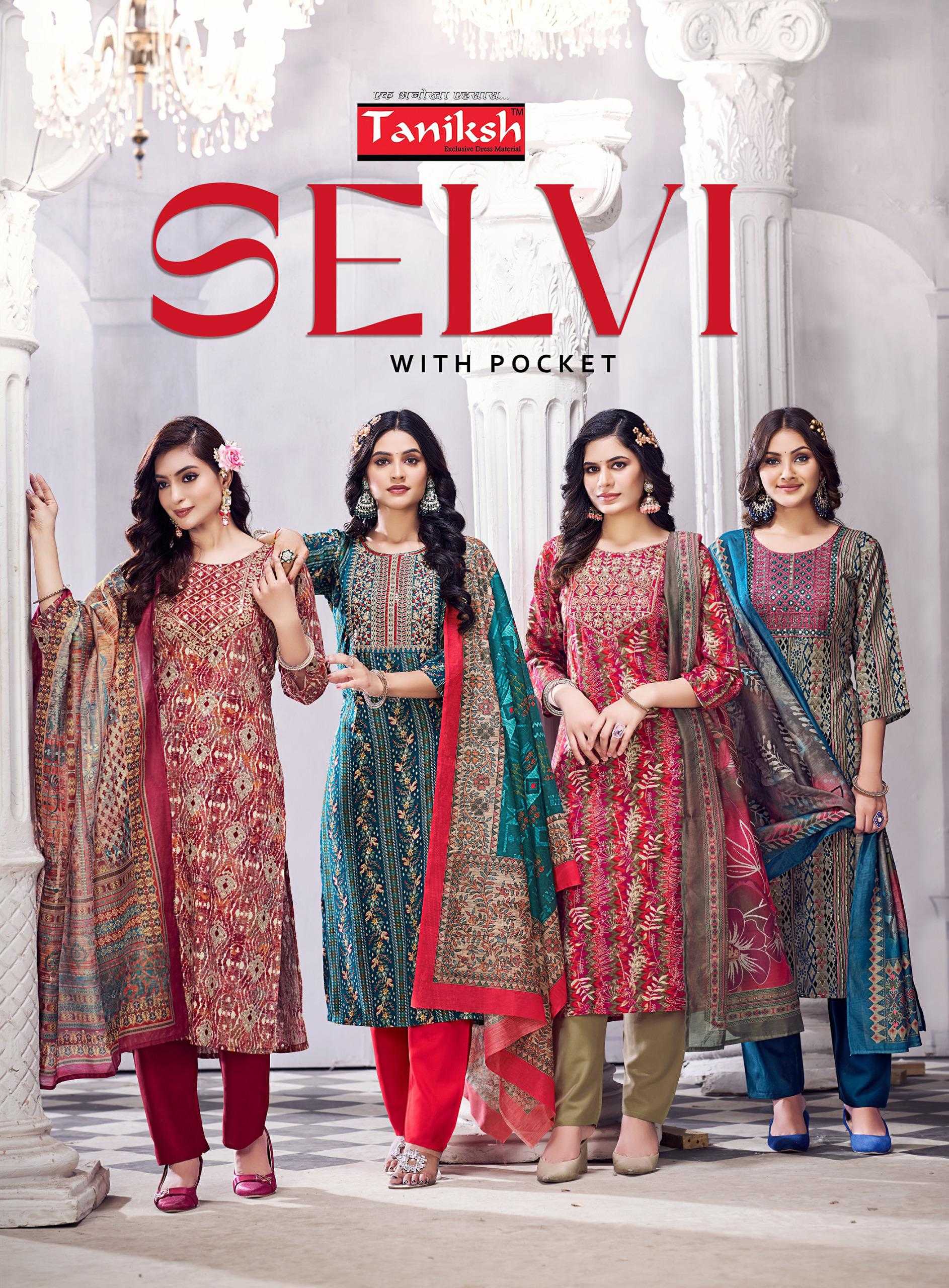 taniksh selvi vol 2 fancy stylish rayon foil print with hand work full stitch salwar suit 