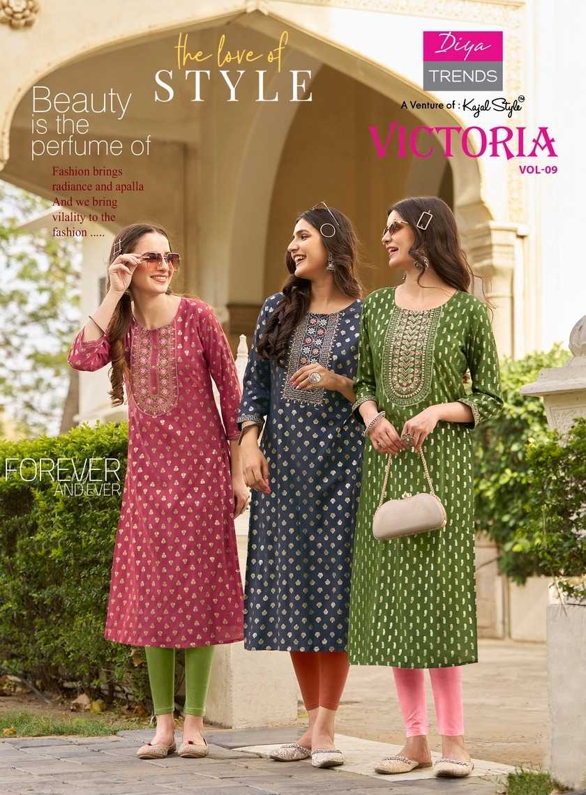 diya trends victoria vol 9 new design fancy rayon full stitch big size long kurti exports