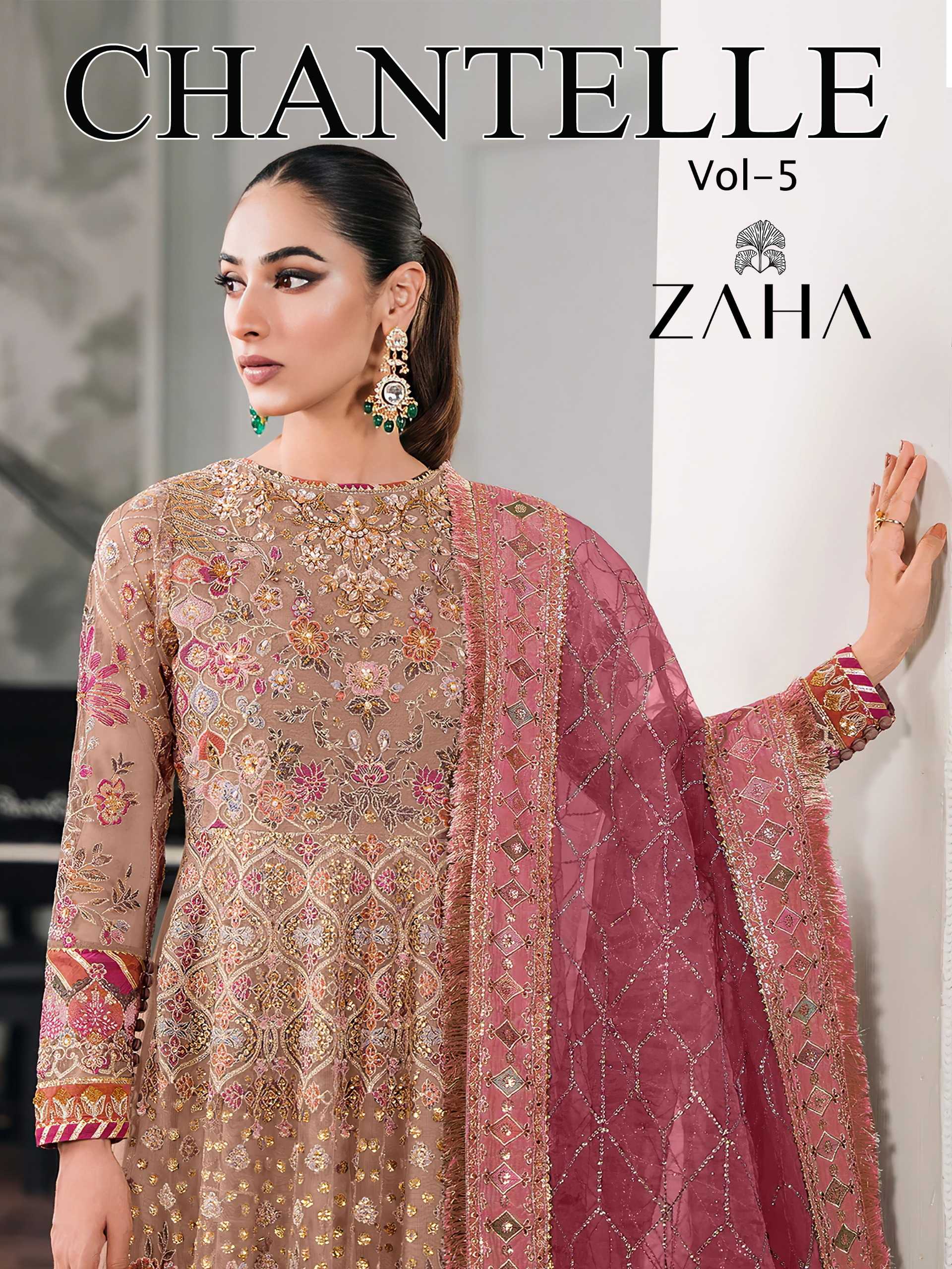 zaha chantelle vol 5 pakistani dress material  with heavy embroidered work 