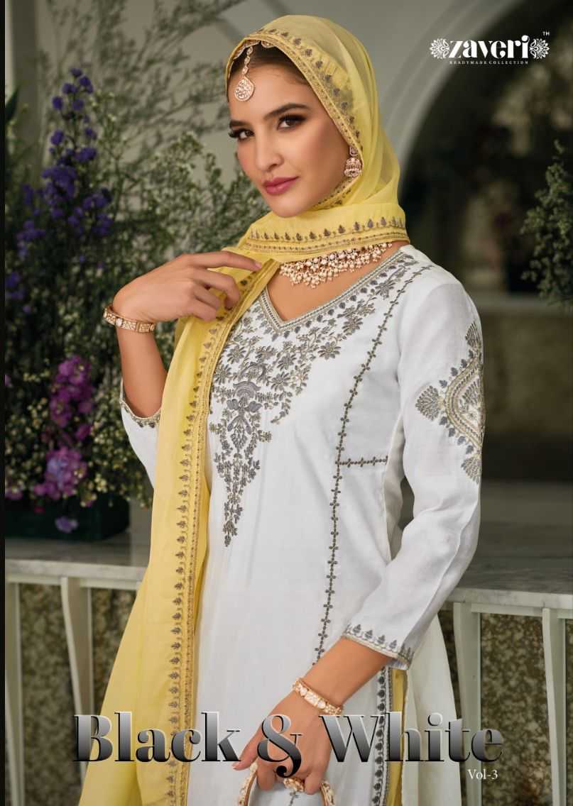 zaveri present black white 3 trending fashionable heavy silk with embroidery work readymade Pakistani salwar kameez