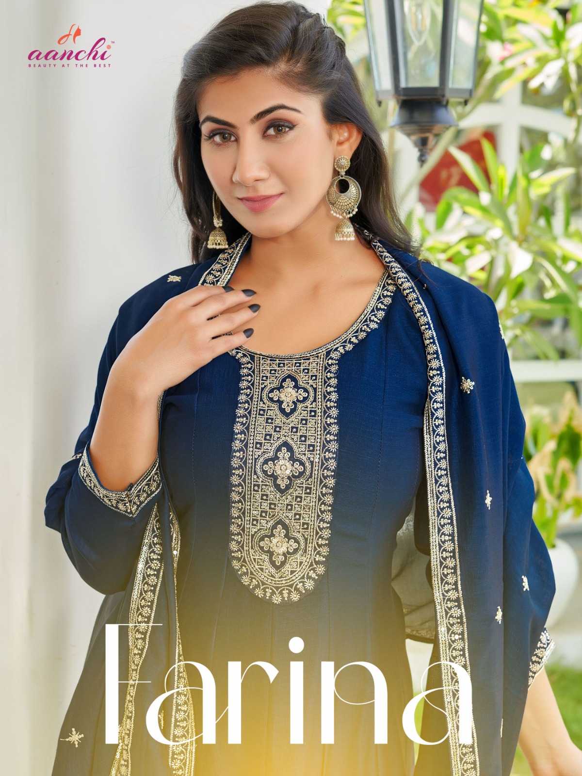 farina by aanchi fully stitch fancy vichitra elegant look flair kali kurti pant with dupatta 