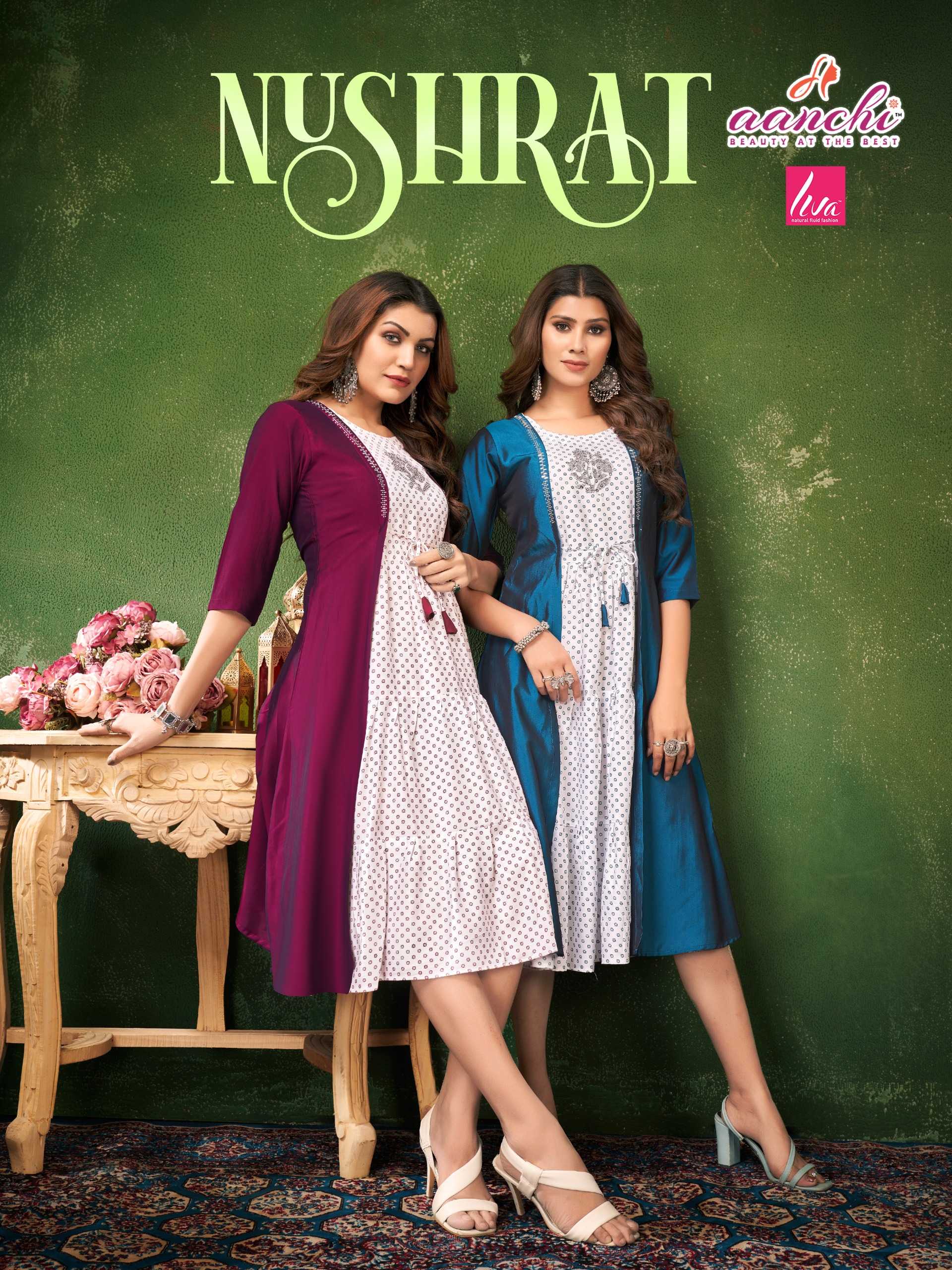 nushrat by aanchi full stitch diamond work flair frock style full coat stylish kurti collection