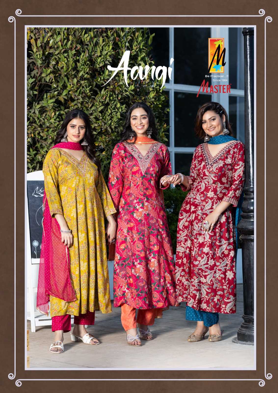 aangi by master 101 108 series stylish rayon foil print casual wear v neck salwar kameez