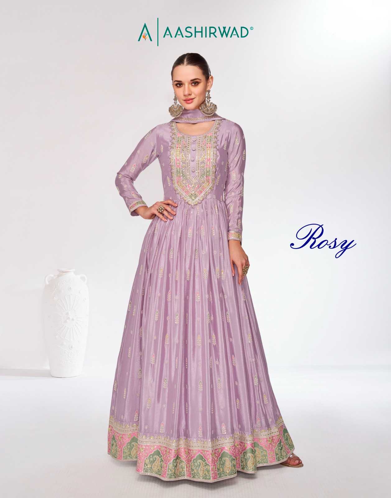 aashirwad creation rosy fancy chinnon wedding style fancy full stitch long salwar kameez