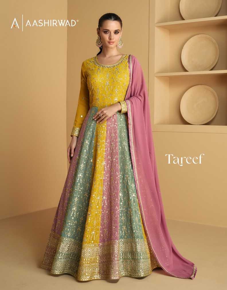 tareef by aashirwad launching fancy georgette party wear stylish 3pcs long gown