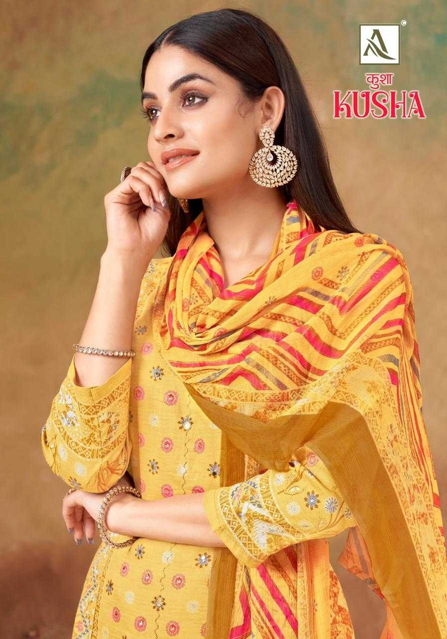kusha by alok new trendy zam print hand work elegant look pakistani top pant with dupatta 