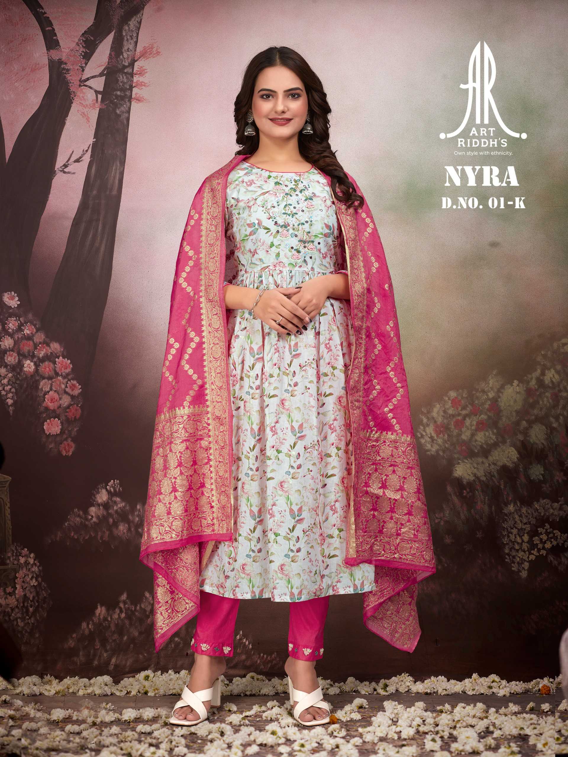 artridhs nayra cut pattern cotton fancy full stitch big size handwork pick & choose kurti pant with dupatta 