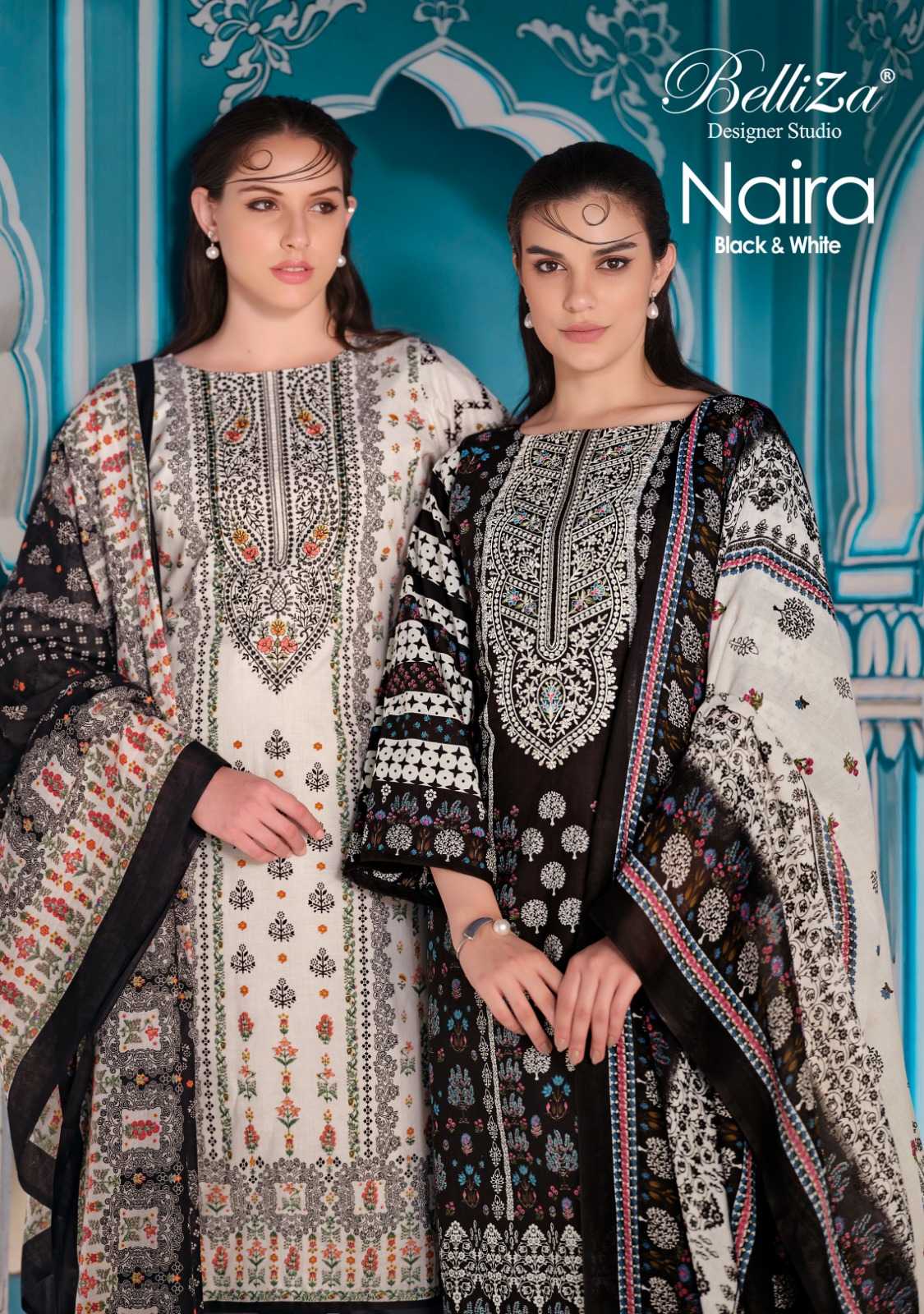NAIRA BLACK AND WHITE BY BELLIZA DESIGNER PURE COTTON INDIAN TOP BOTTOM DUPATTA