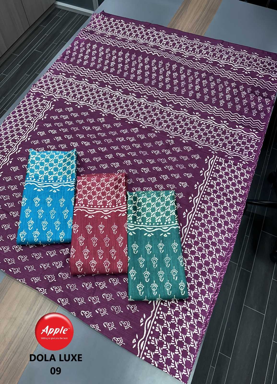 apple presents dola luxe vol 9 fancy dola satin print super hit design saree exports