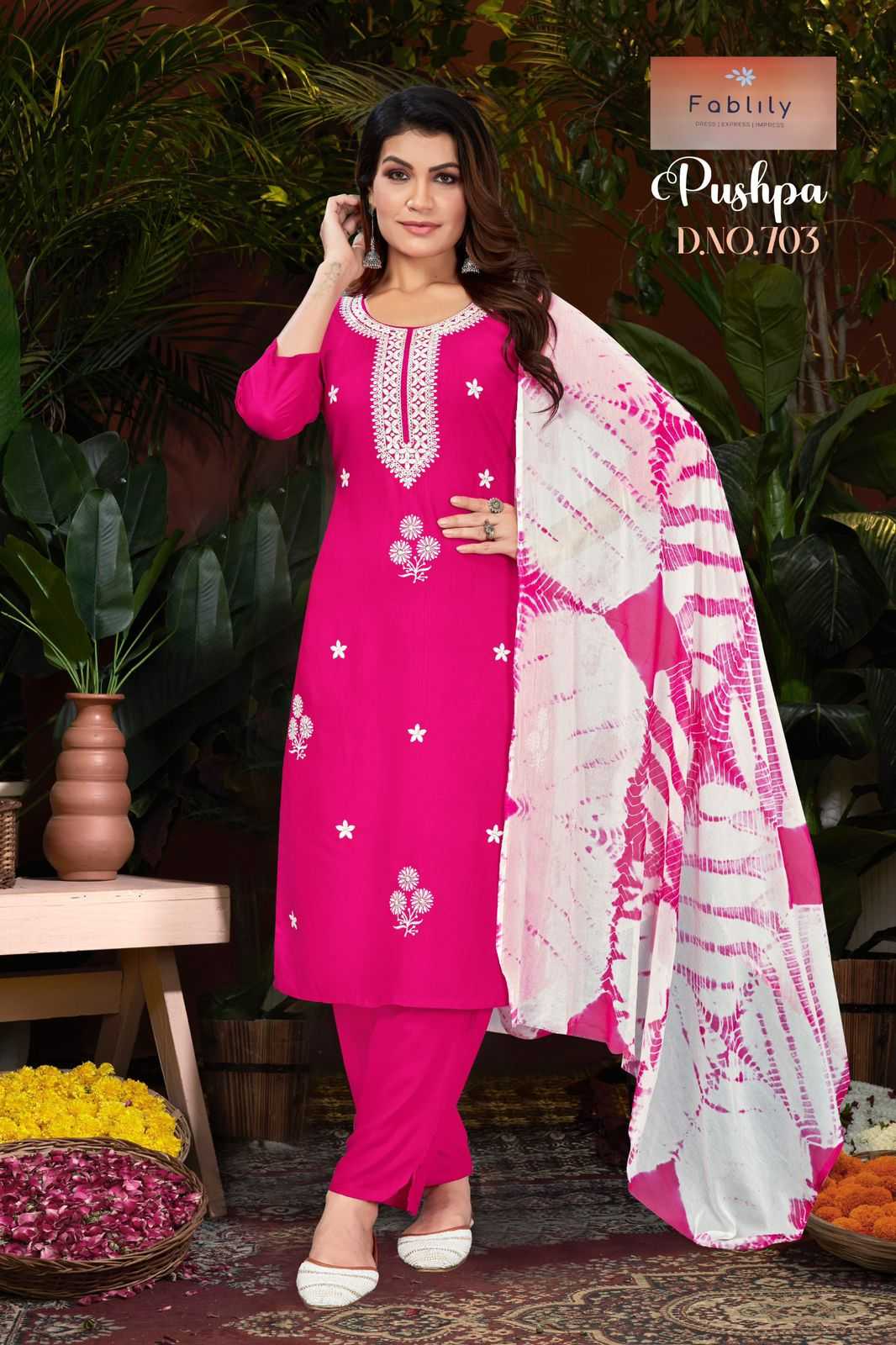 pushpa by fablily readymade rayon embroidered work combo set salwar kameez 