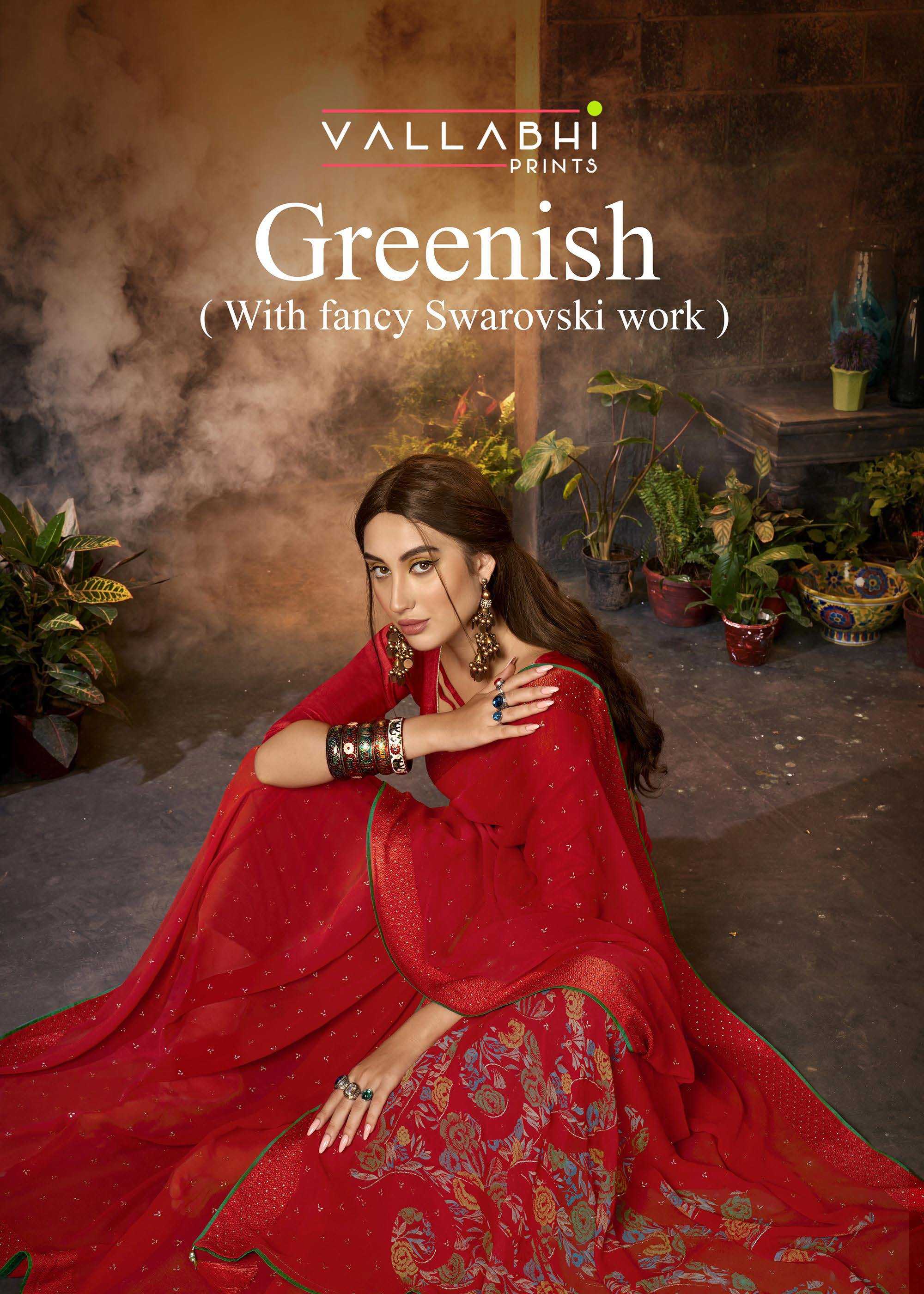 vallabhi prints presents greenish launch beautiful look georgette saree with blouse